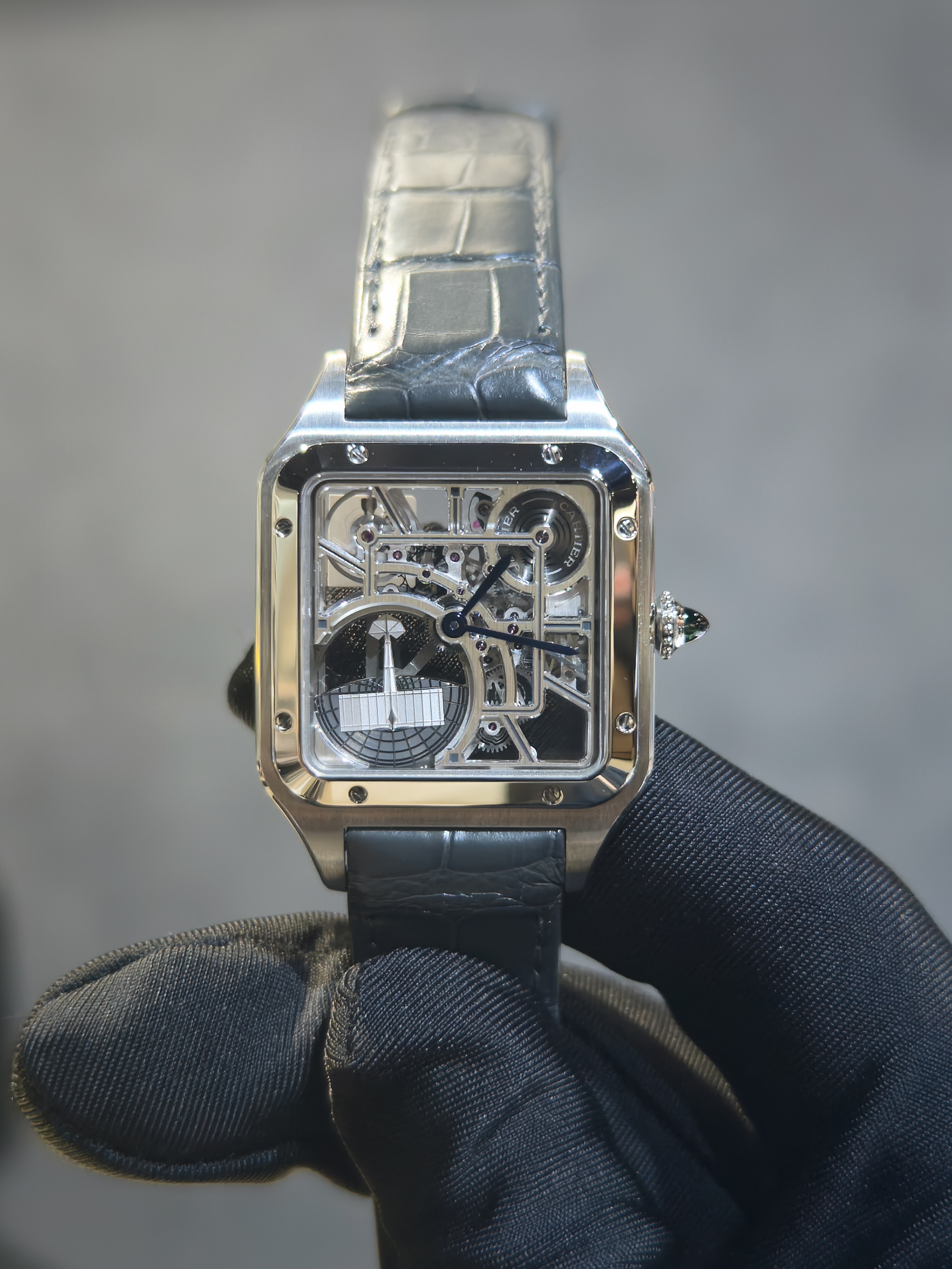 BRAND NEW CARTIER WHSA0032  SANTOD-DUMONT SKELETON WATCH EQUIPPED WITH A MICRO-ROTOR SLIVER DIAL LARGE MODEL 35MM LEATHER STRAP