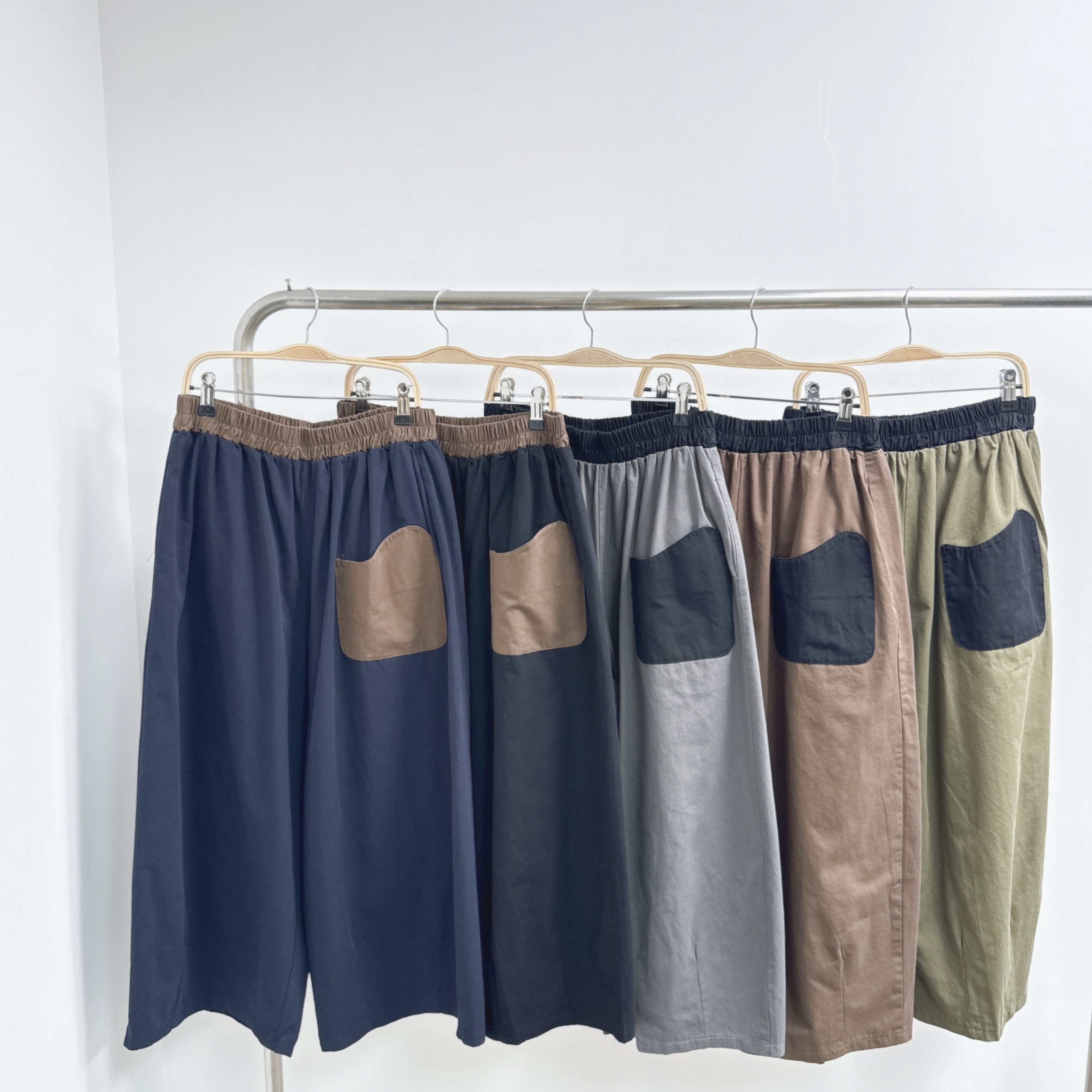 拼色口袋小車骨闊腳斜布褲 (M9-M13)