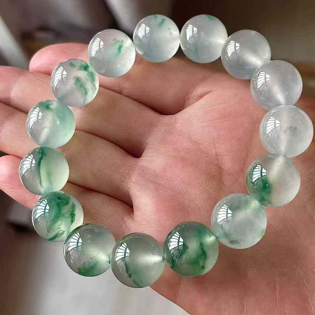 1225514 翡翠緬料高冰飄綠手串 (13.8mm直徑)