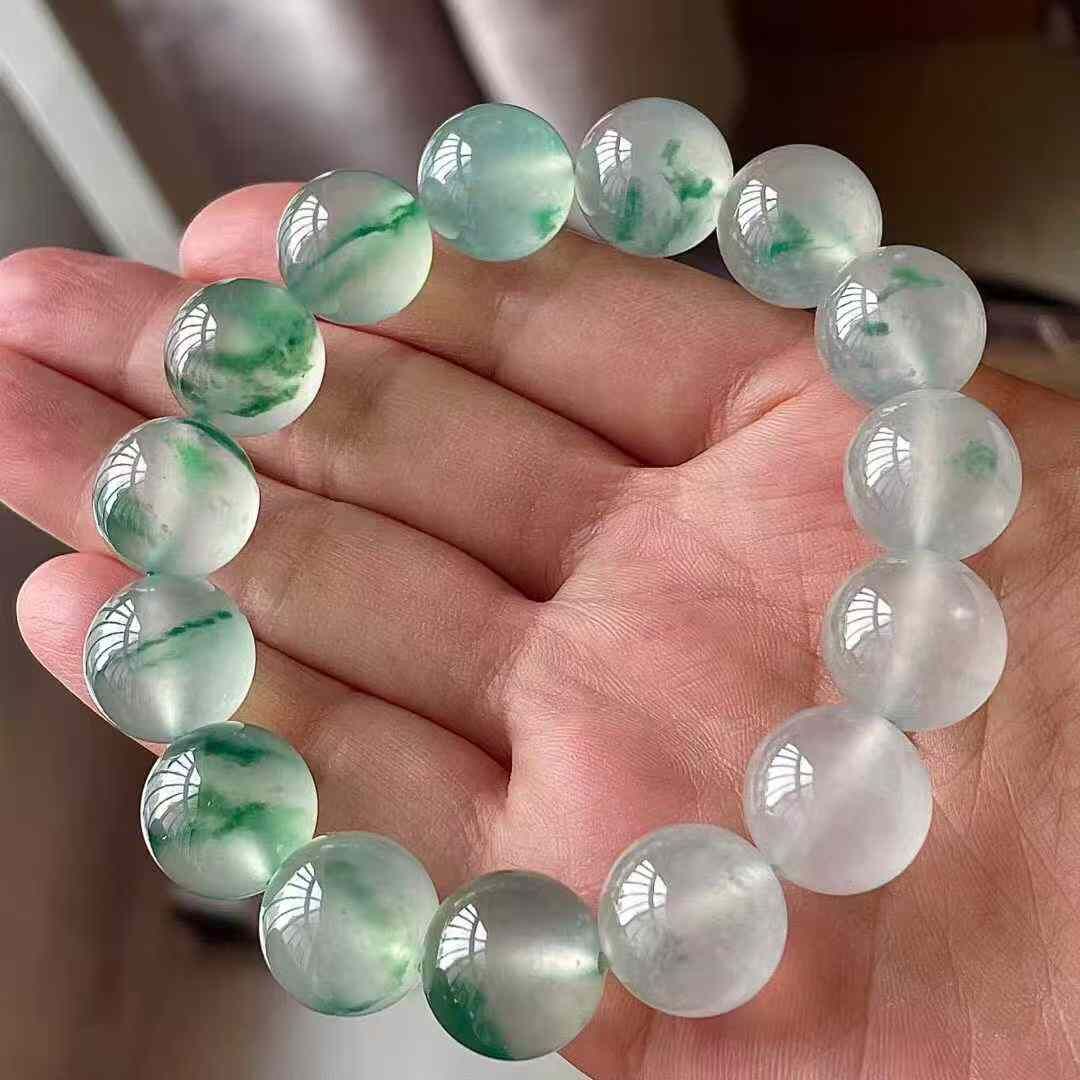 翡翠緬料高冰飄綠手串 (13.8mm直徑),天然翡翠A玉, 緬甸玉, Jade, Jadeite