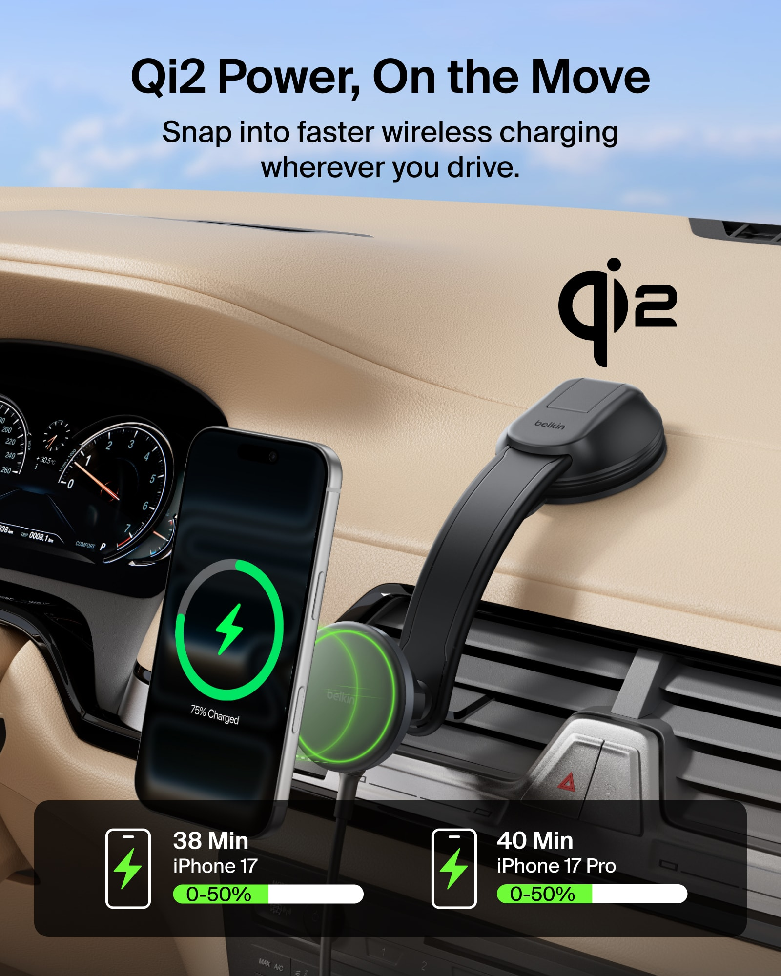 BoostCharge 磁吸無線車用中控台充電支架 (Qi2 / 15W)