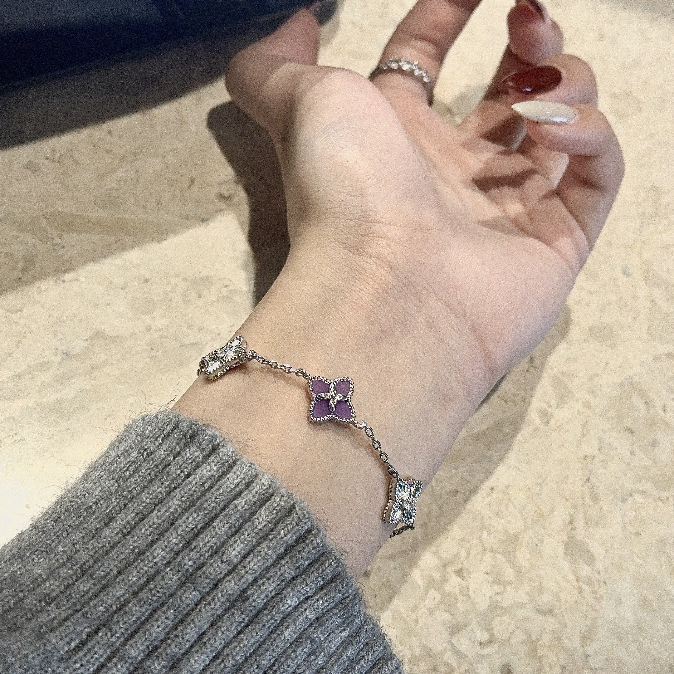 Gy”charm紫羅蘭老花白金鑽低奢抽拉手鍊