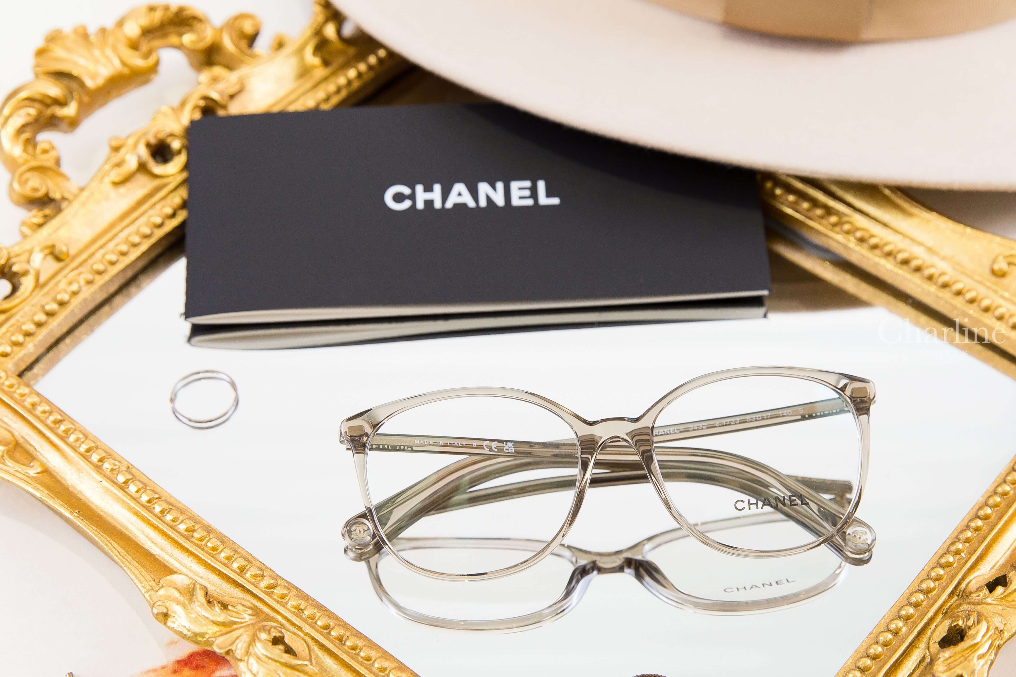 Chanel Pantos Eyeglasses 灰褐色圓框側邊金色 Logo 鏡腳透明圓型CC平光眼鏡