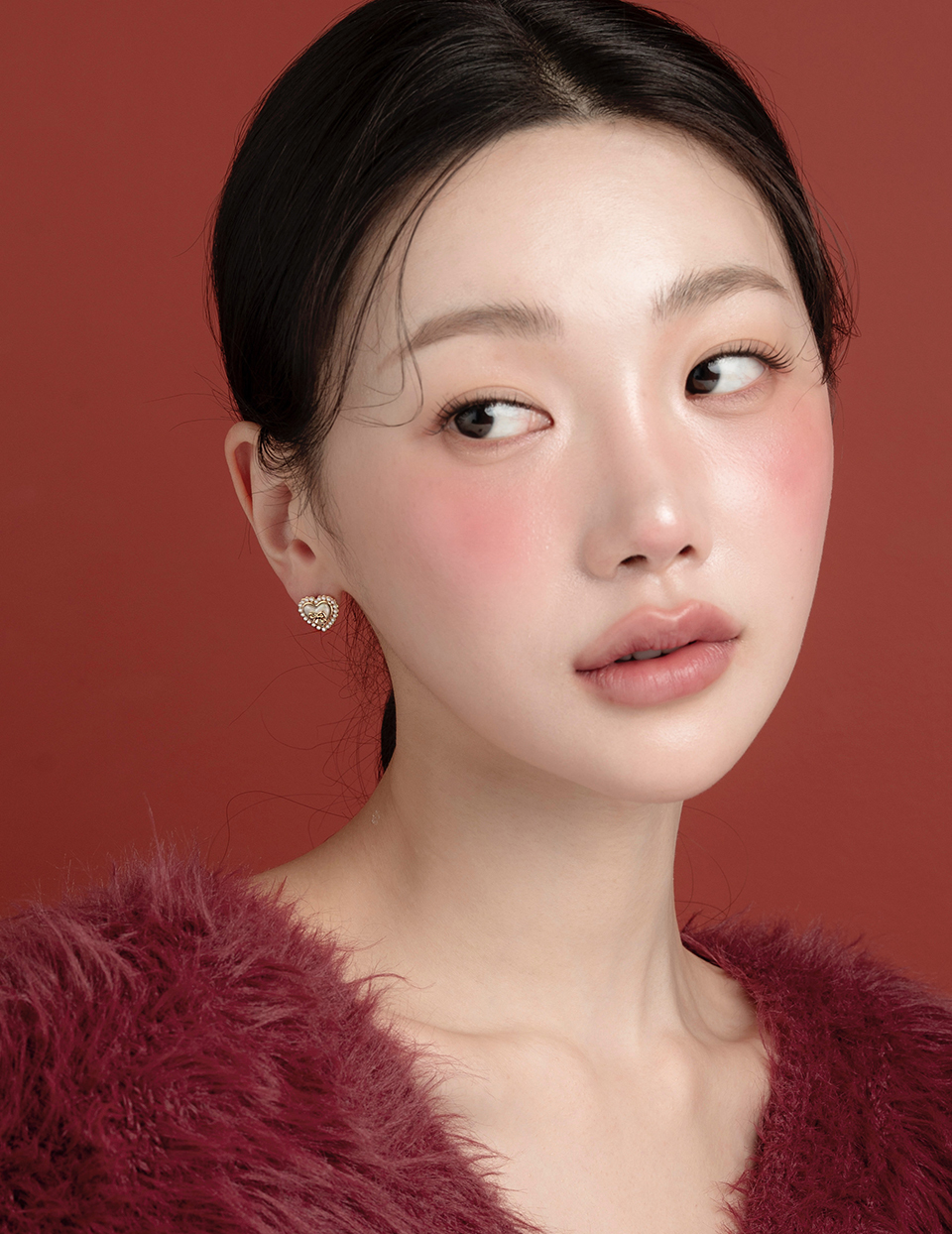 奶油愛心蝴蝶結。針式耳環