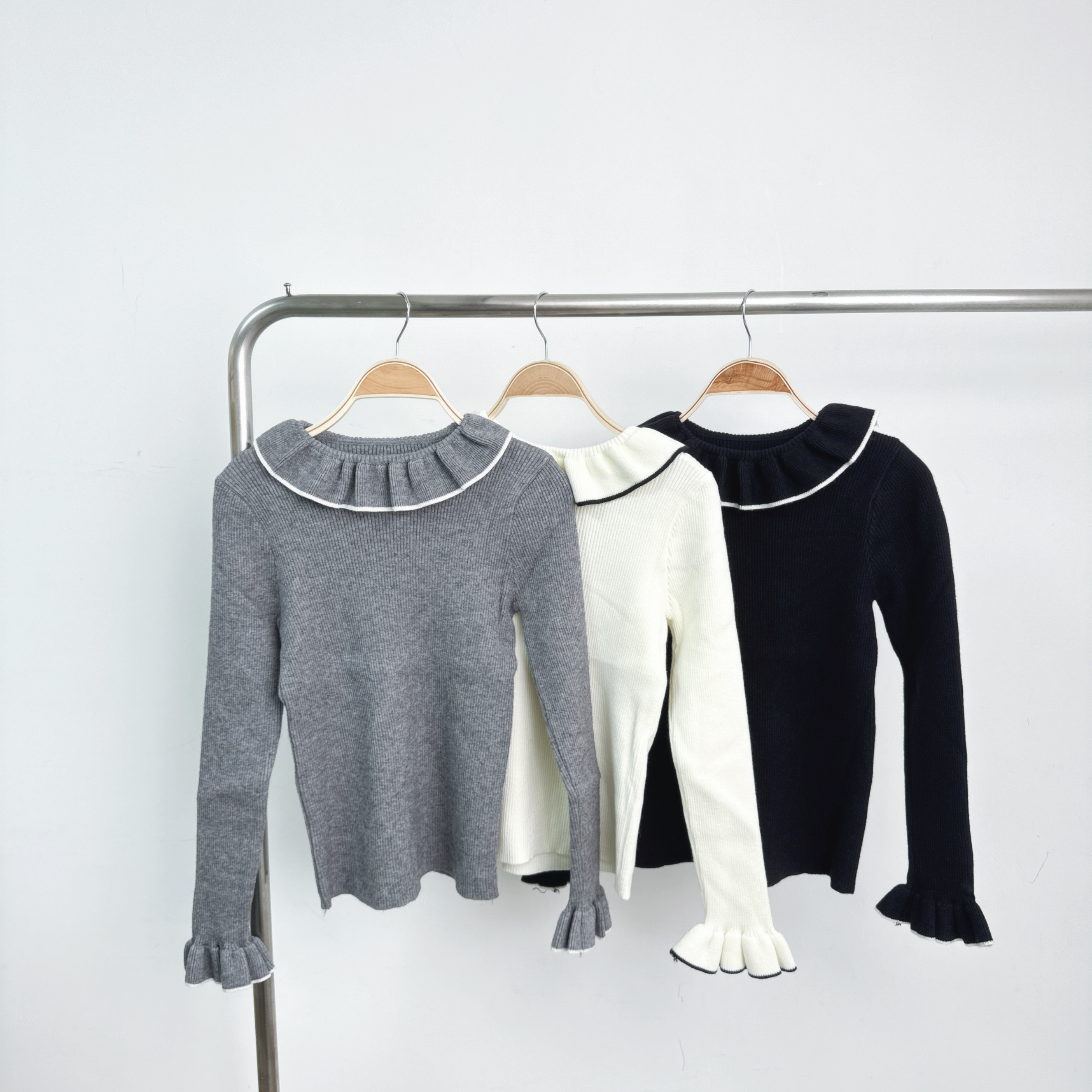 荷葉領小Ruffle袖羅紋彈性針織TOP (M1-M3)