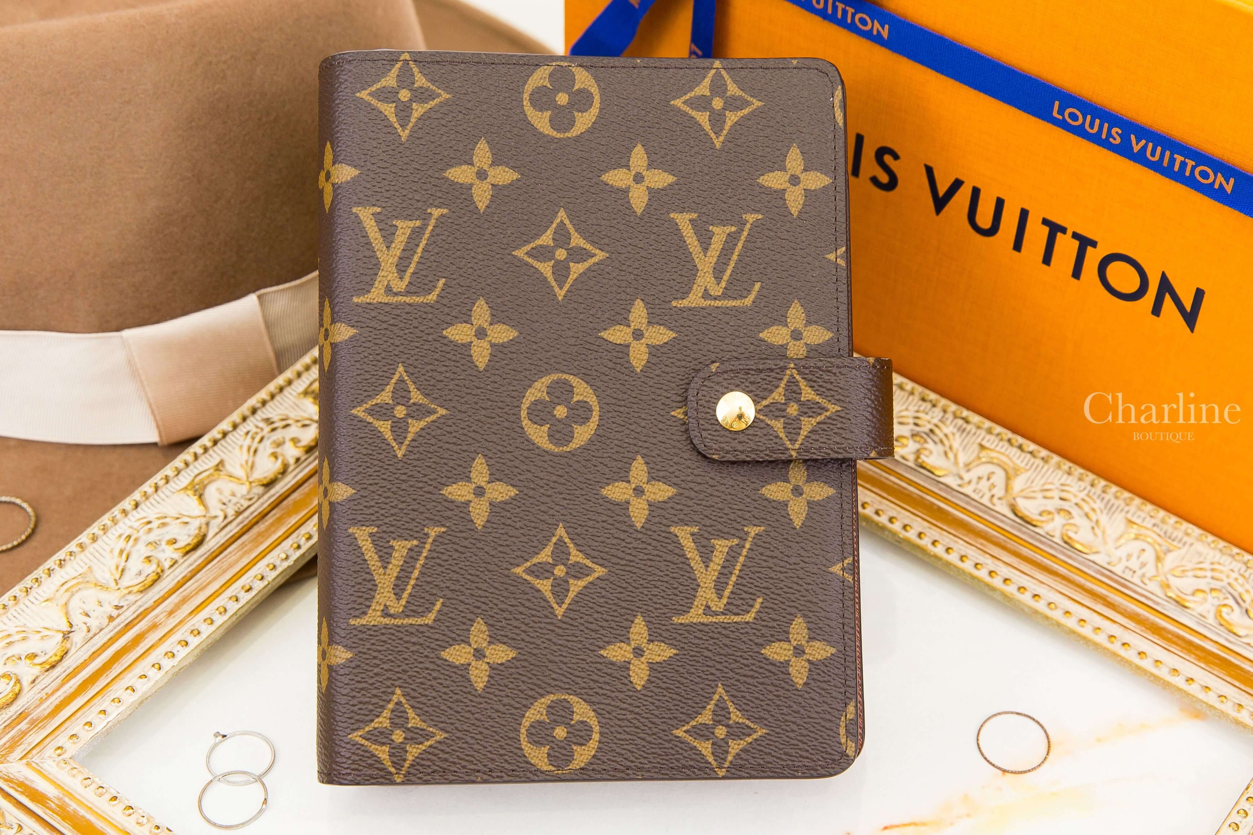 Louis Vuitton Medium Ring Agenda Cover 咖啡色老花帆布小牛皮內裡金色活頁環中型扣式筆記本封面夾