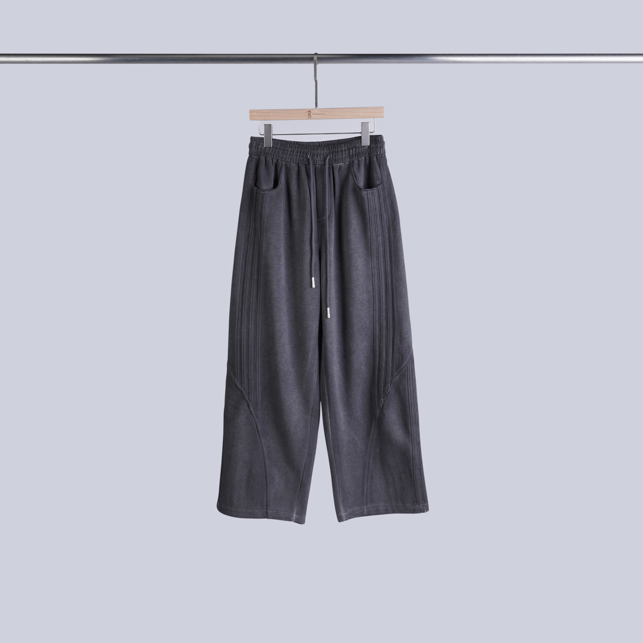 設計感拼接水洗抽繩棉褲 | L-XL | 碳灰