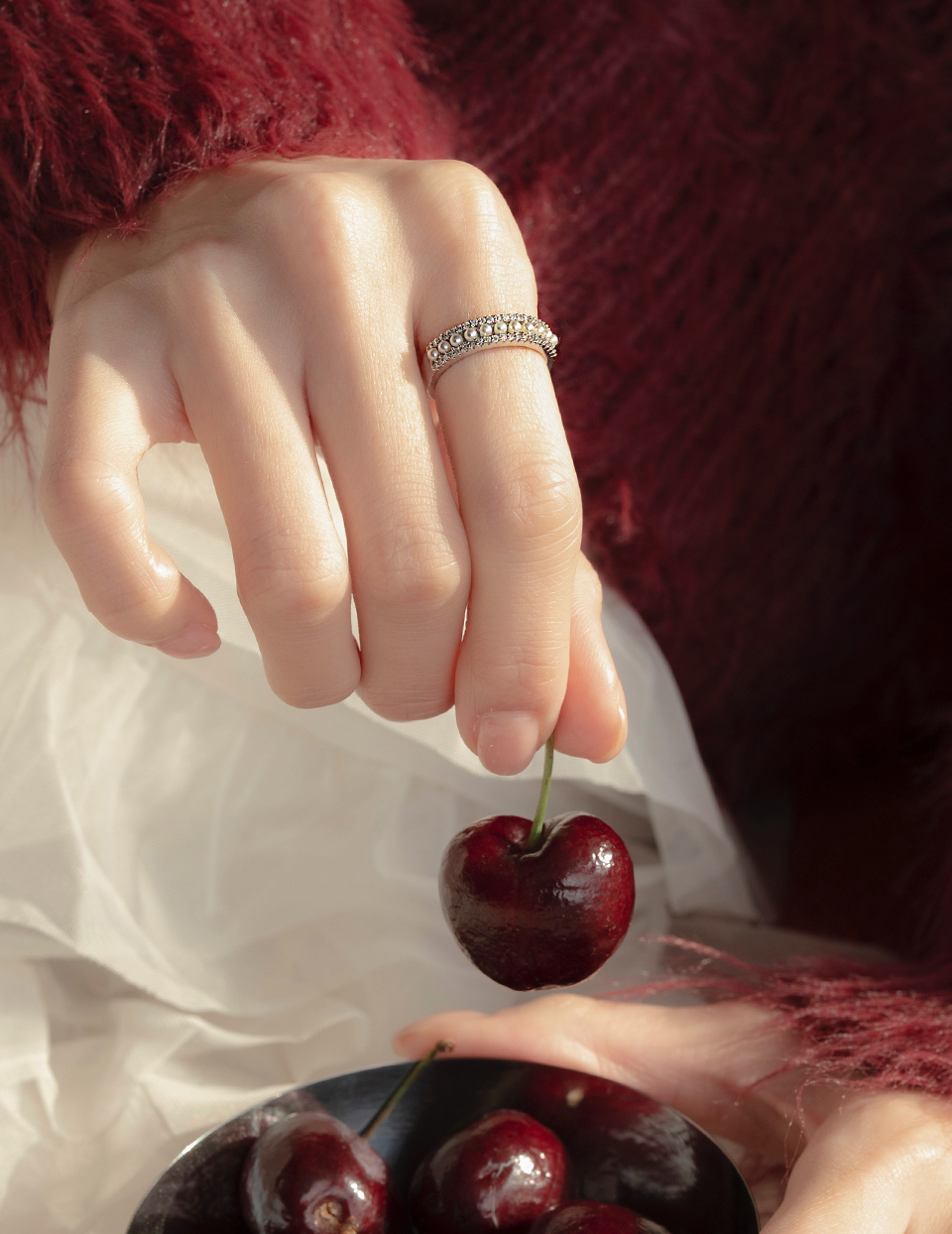 閃耀珍珠可調式戒指(銀)