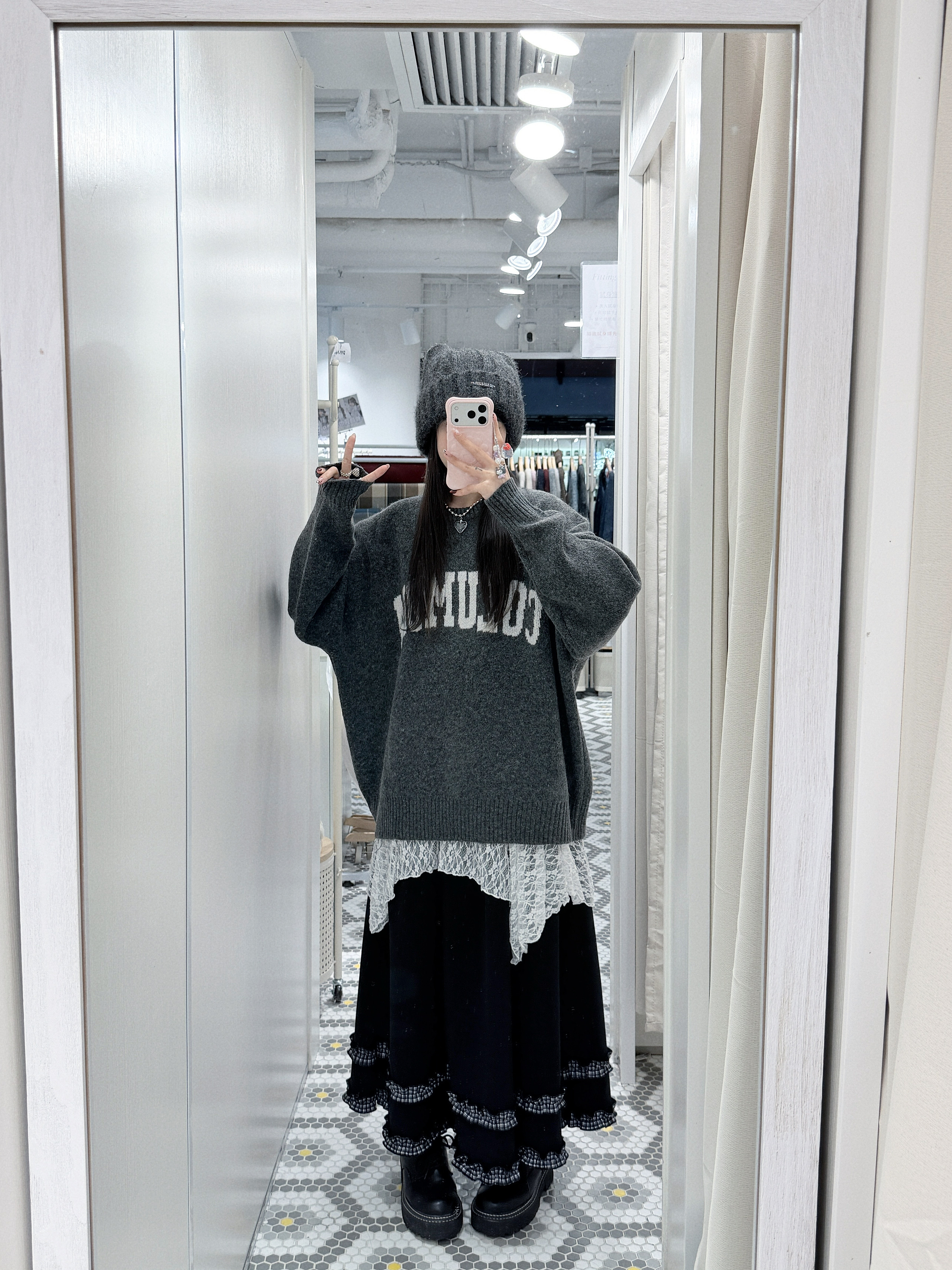 （停產）EA1212｜文藝感格紋木耳邊絨面蛋糕長裙₊˚ʚ 🦋 ₊˚✧ ﾟ.