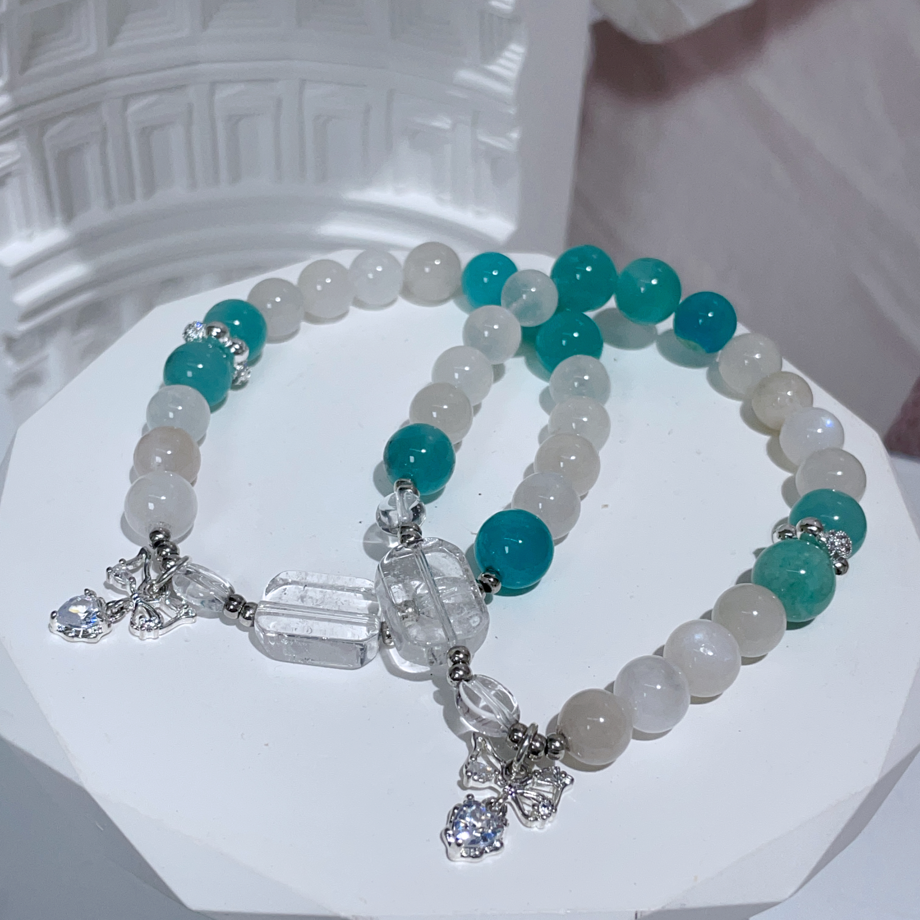 天河石拼月亮石白水晶手串 8mm