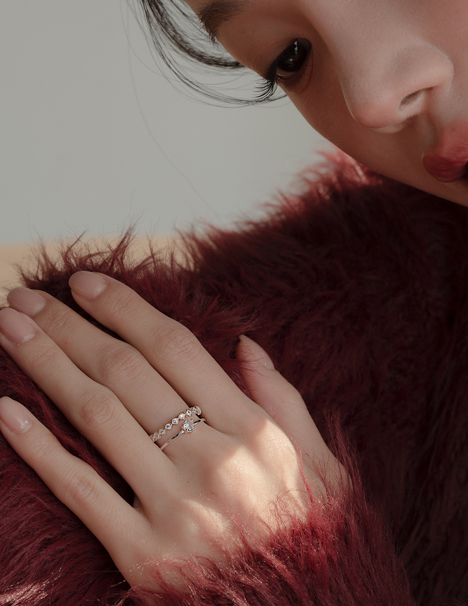 【925純銀】雙層鋯石可調式戒指(銀)