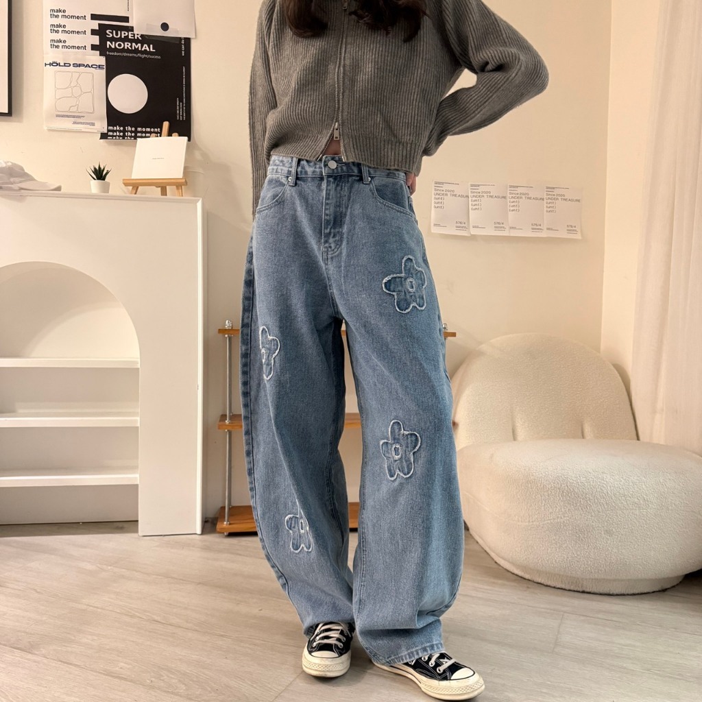 刺繡花花牛仔寬褲 寬褲 牛仔褲  61912