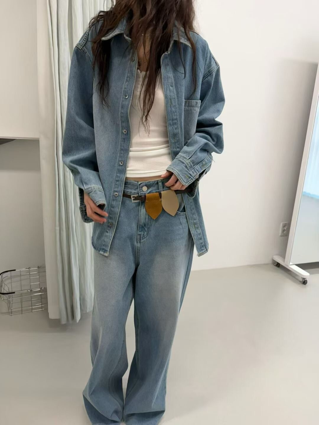 漸層刷色感翻領排釦牛仔襯衫罩衫