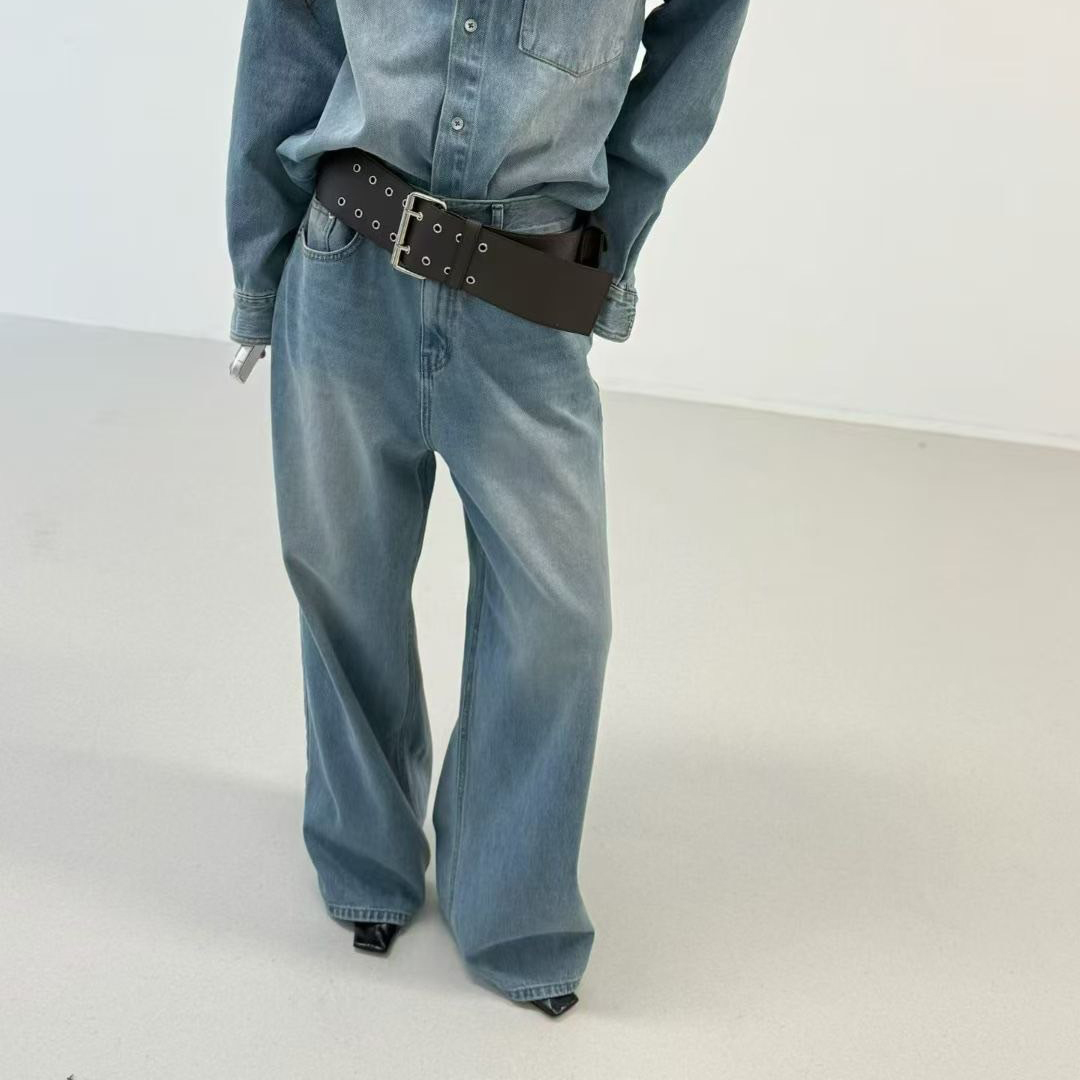 復古女子漸層刷色直筒牛仔褲-S-Ｍ