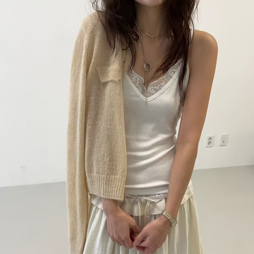 配色蕾絲滾邊細肩帶V領背心上衣 / 3色