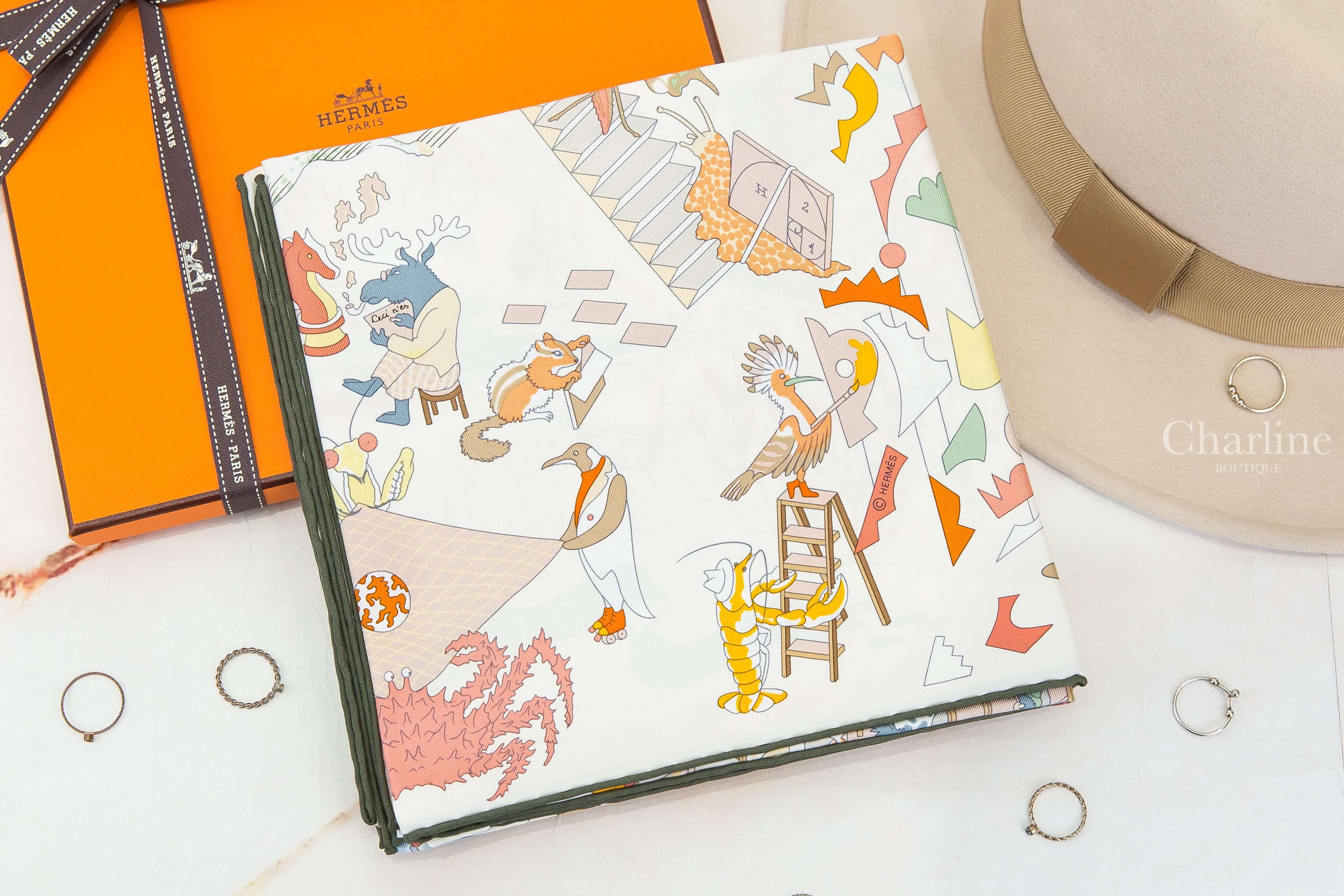 Hermès Academia Hippica Scarf 90 白色/粉紅色/米色馬術學院真絲方巾-Charline Boutique 精品代購