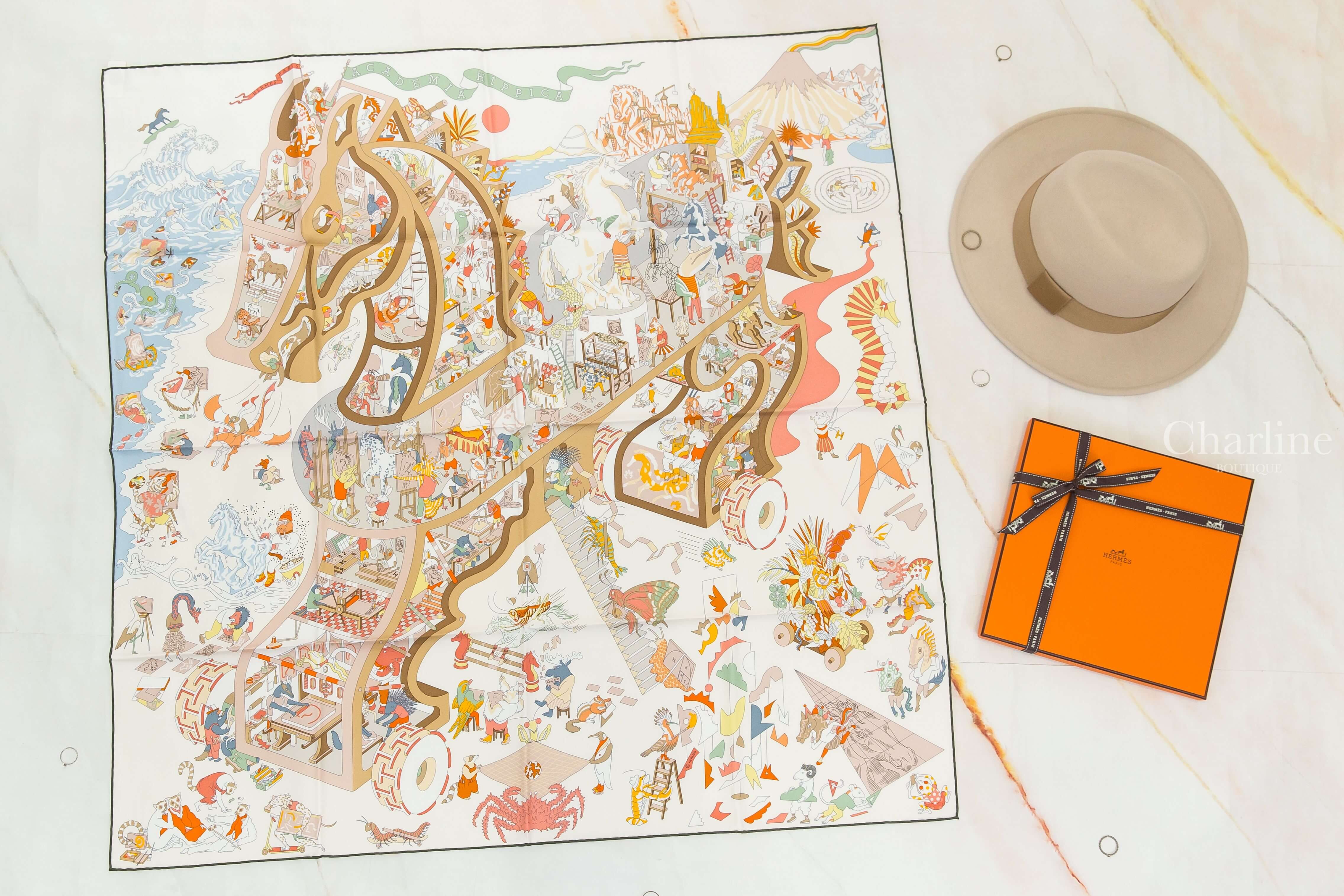 Hermès Academia Hippica Scarf 90 白色/粉紅色/米色馬術學院真絲方巾-Charline Boutique 精品代購