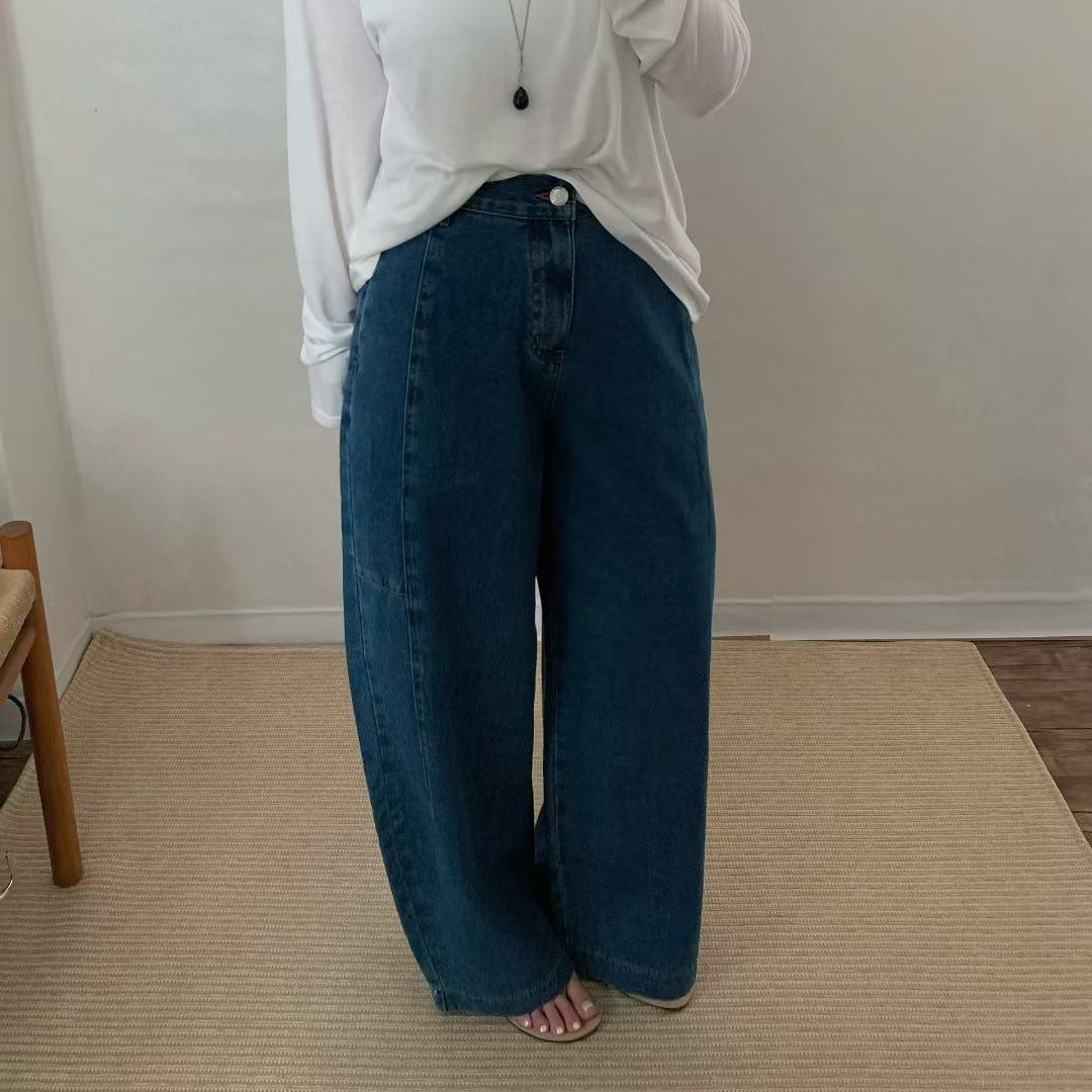 後腰鬆緊3D打褶感挺版彎刀牛仔褲-S-L / 2色