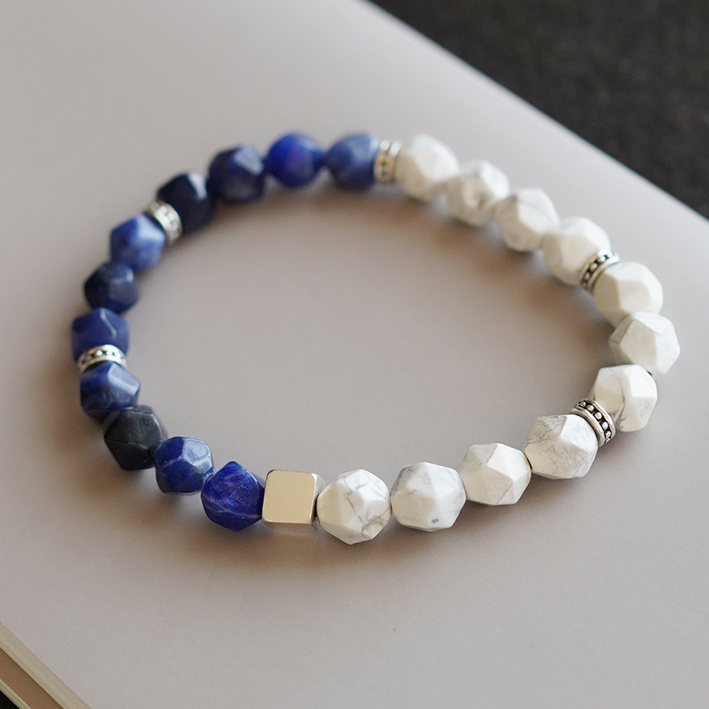 雲境純銀手鍊(白松石/老藍紋石)SB087| 男生手鏈 招財水晶串珠  男士禮物 男生串珠 情人節禮物 情侶手鍊