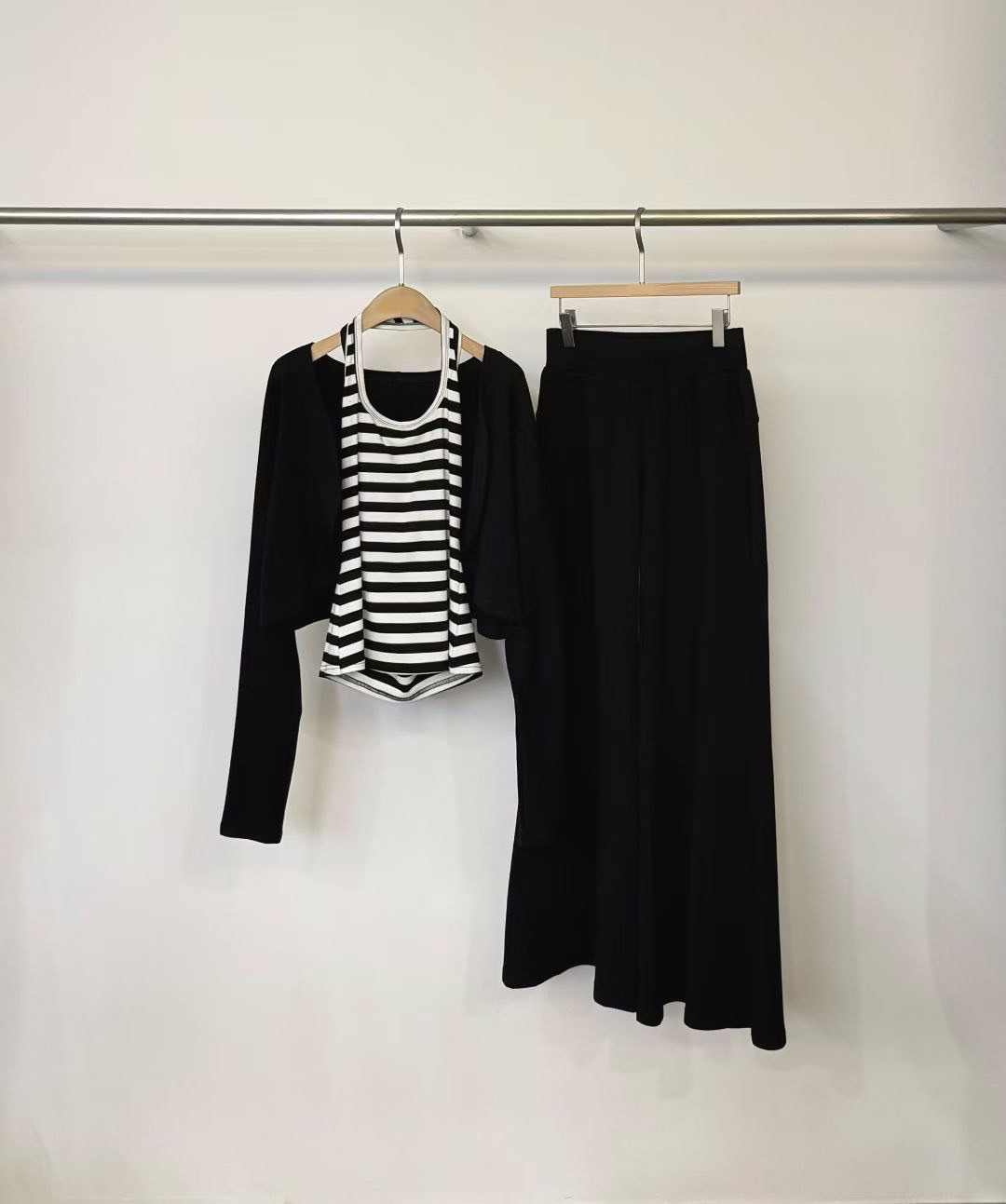 配色橫條紋背心+短板罩衫+長裙SET / 2色