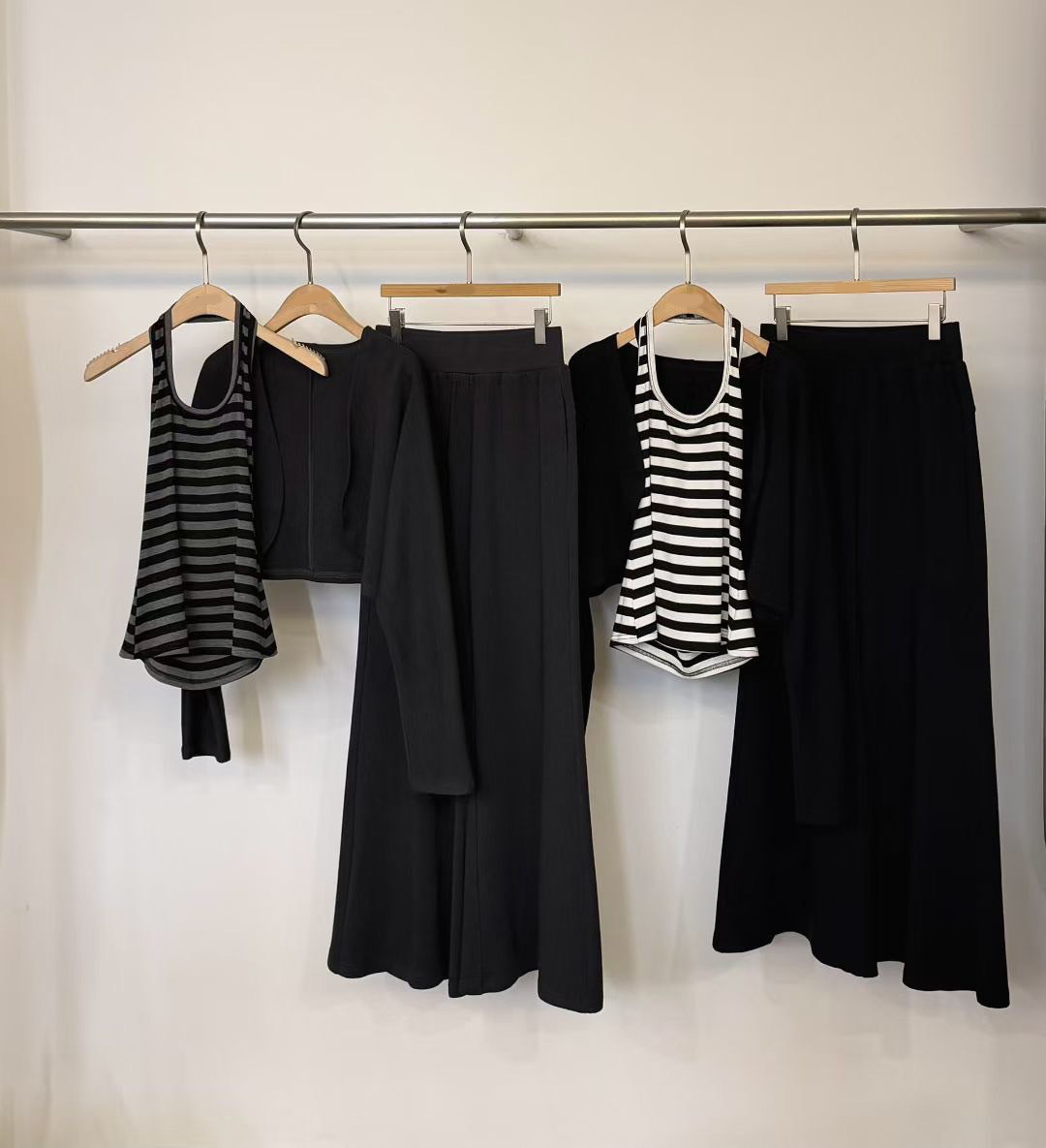 配色橫條紋背心+短板罩衫+長裙SET / 2色