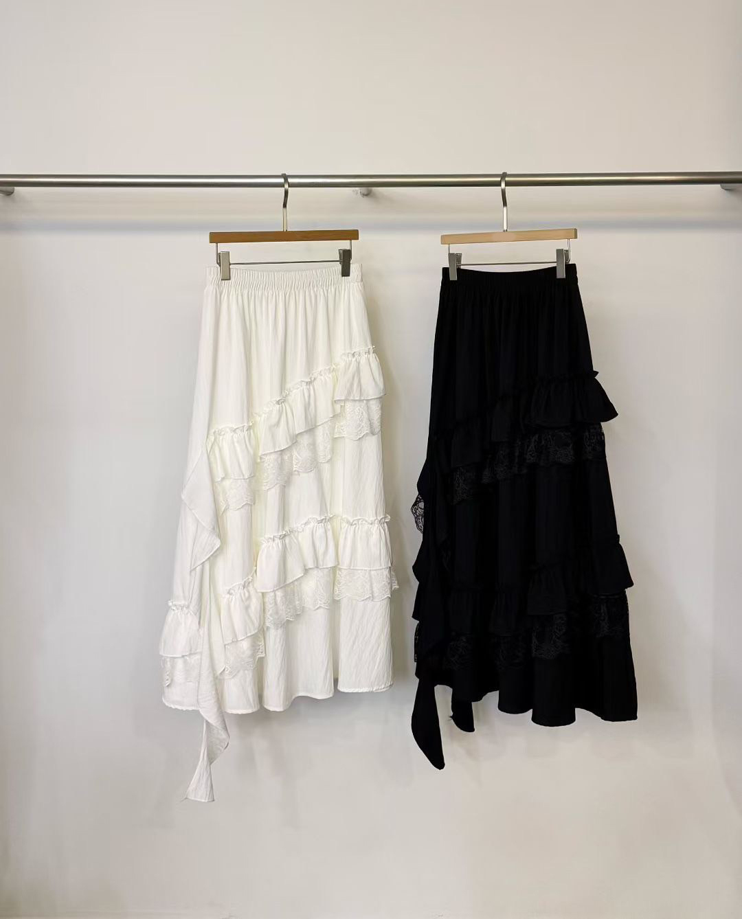 鬆緊腰不規則荷葉滾邊蛋糕裙長裙-F / 2色