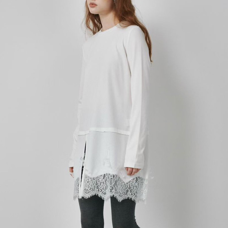 下擺拼接睫毛蕾絲造型圓領長版上衣 / 2色