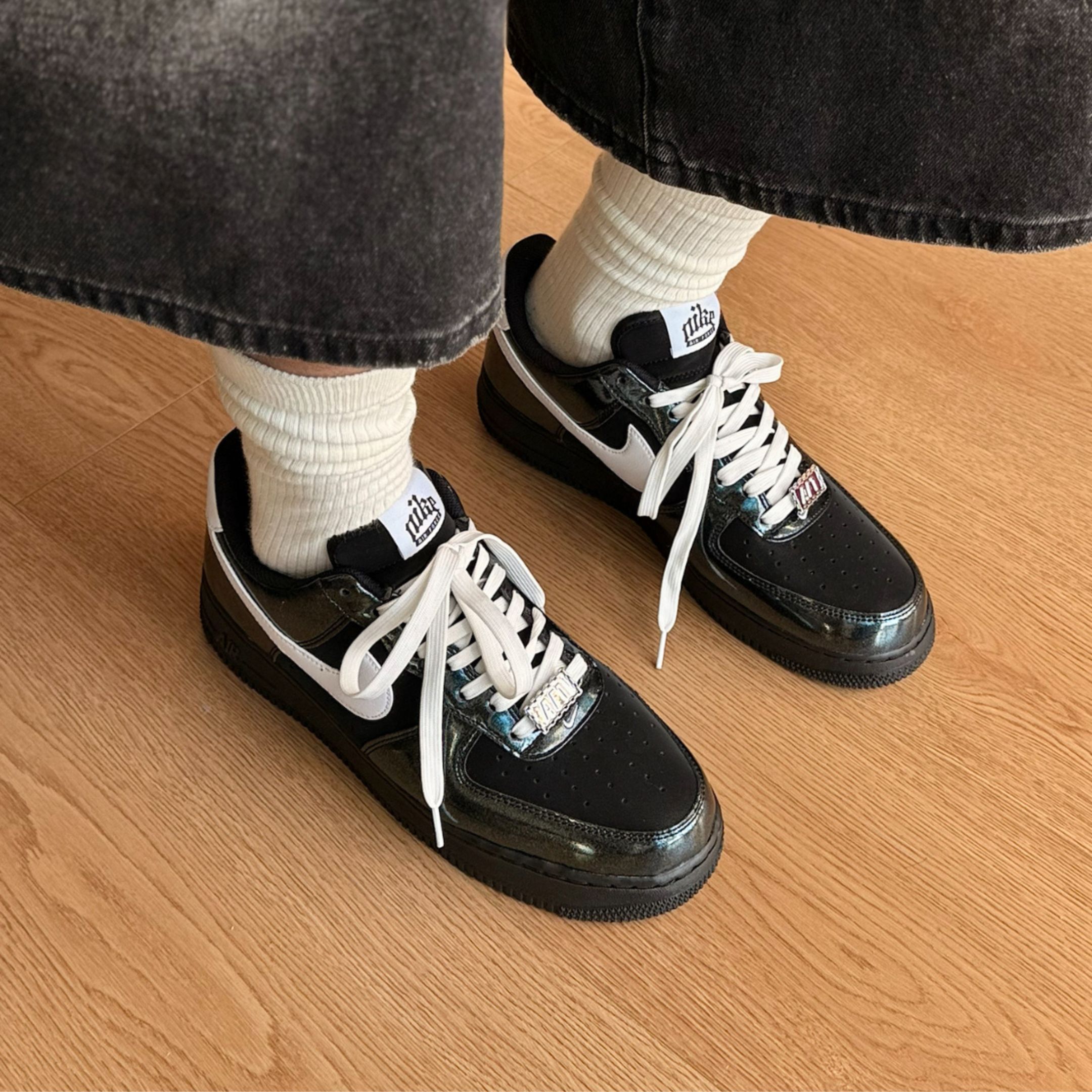 NICEDAY 代購 Nike Air Force 1 黑白 黑 熊貓 漆皮 亮面 IB6843-001