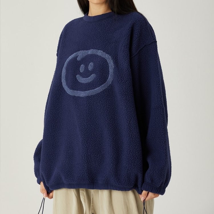 韓國 ooowl 童趣塗鴉毛茸茸長袖大學T SMILE 海軍藍