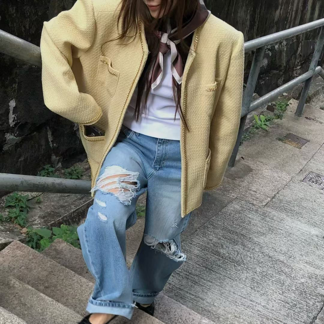 金色鍊條滾邊造型圓領寬鬆感小香外套 / 2色