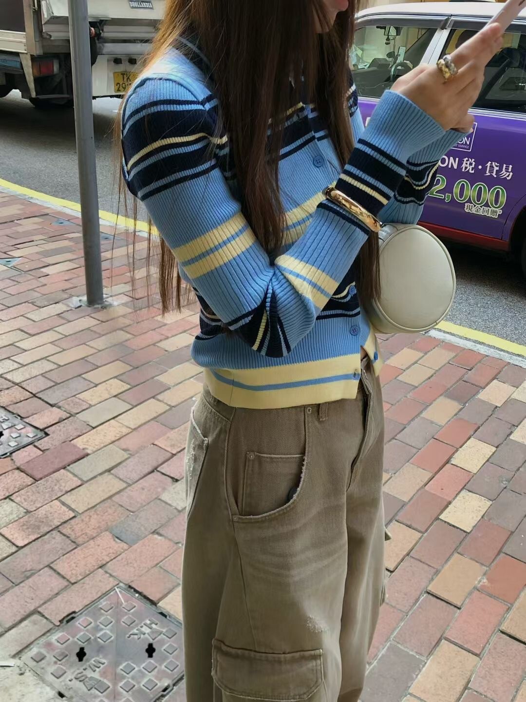 名品風雙配色橫條紋POLO翻領排釦上衣 / 2色