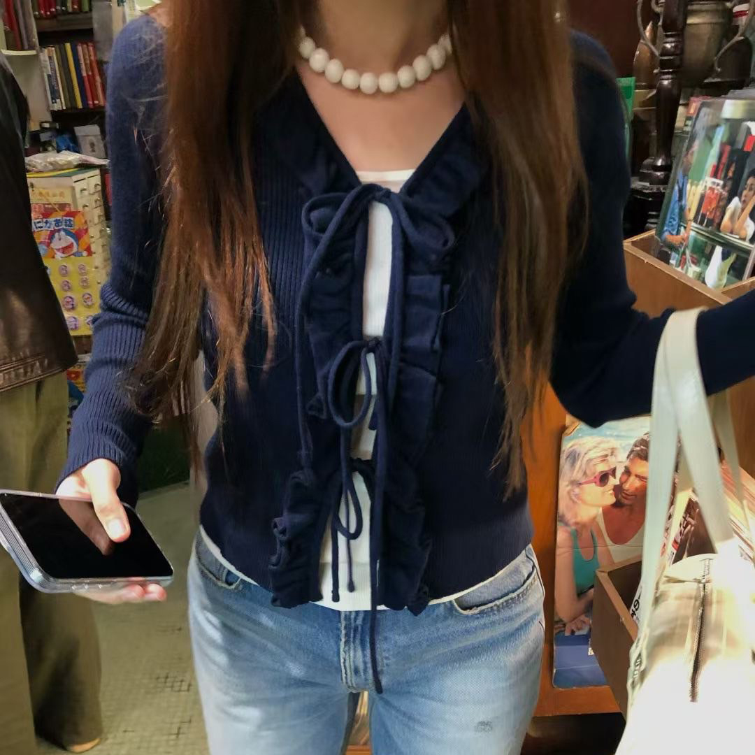 荷葉滾邊綁帶蝴蝶結造型罩衫上衣 / 3色