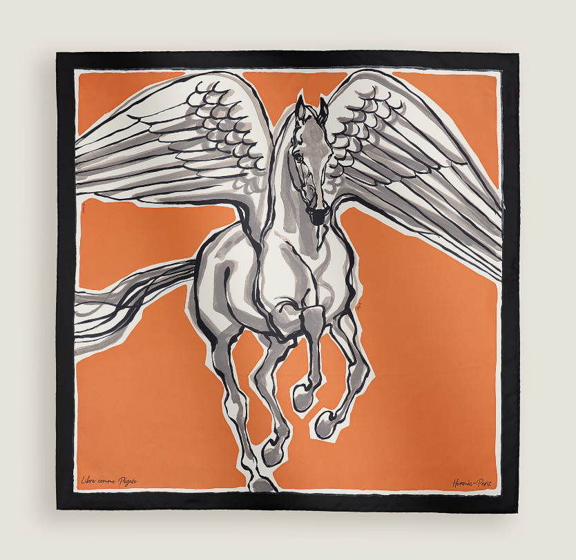 UK059 Hermes Libre Comme Pegase scarf 90 - noir / caramel / anthracite H003802S 13 100% silk 88.5 x 88.5 cm