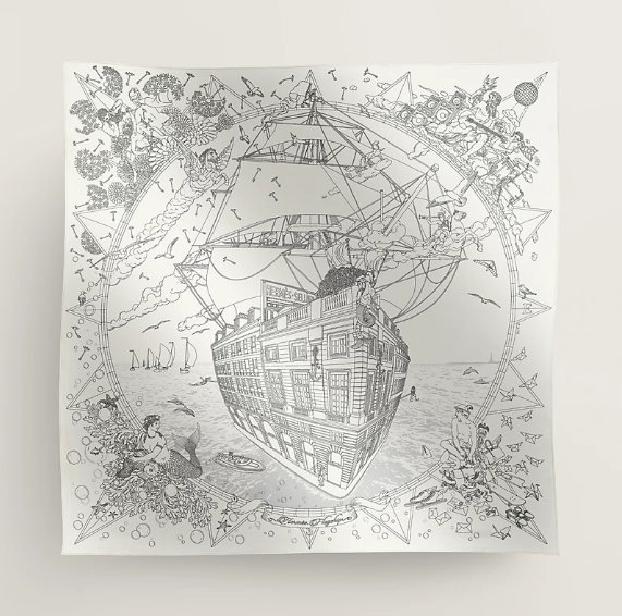 UK058 Hermès Flagship scarf 90 - Blanc / Noir / Gris H004091S 16 100% silk 88.5 x 88.5 cm