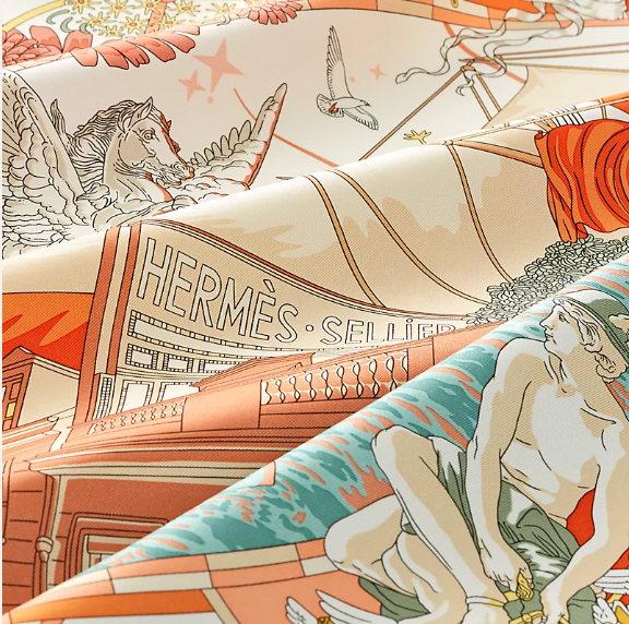 UK057 Hermès Flagship scarf 90 - Crème / Orange / Vert Argile H004091S 14 100% silk 88.5 x 88.5 cm