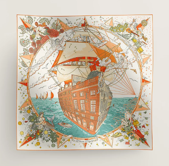 UK057 Hermès Flagship scarf 90 - Crème / Orange / Vert Argile H004091S 14 100% silk 88.5 x 88.5 cm