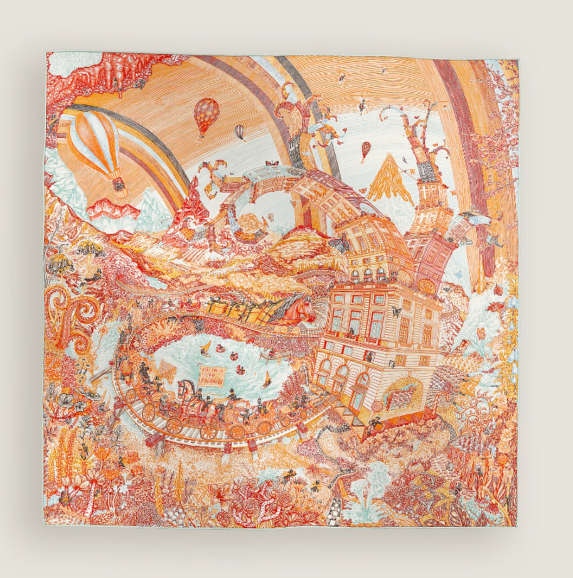 UK055 Hermes Les Folies du Faubourg scarf 90 - Brun / Orange / Vert-De-Gris H004147S 03 100% silk 88.5 x 88.5 cm