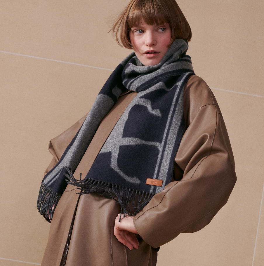 UK029 Hermes Casaque Tete a Queue muffler - marine / anthracite chiné H259141S 03 100% cashmere 40 x 195 cm