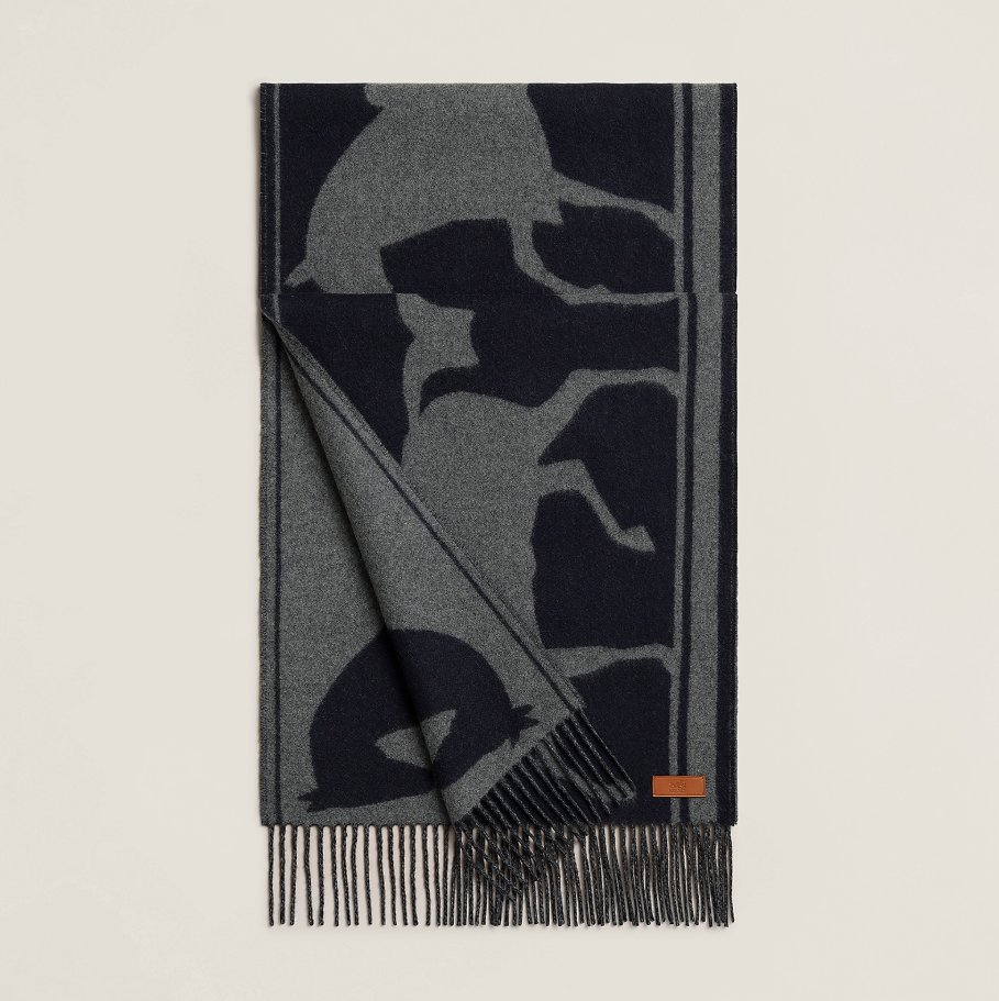UK029 Hermes Casaque Tete a Queue muffler - marine / anthracite chiné H259141S 03 100% cashmere 40 x 195 cm