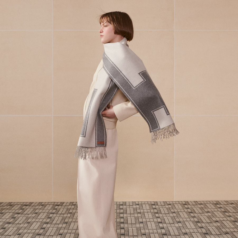 UK028 Hermes Casaque Clefs de H muffler - flanelle / ivoire H259140S 01 100% cashmere 40 x 195 cm