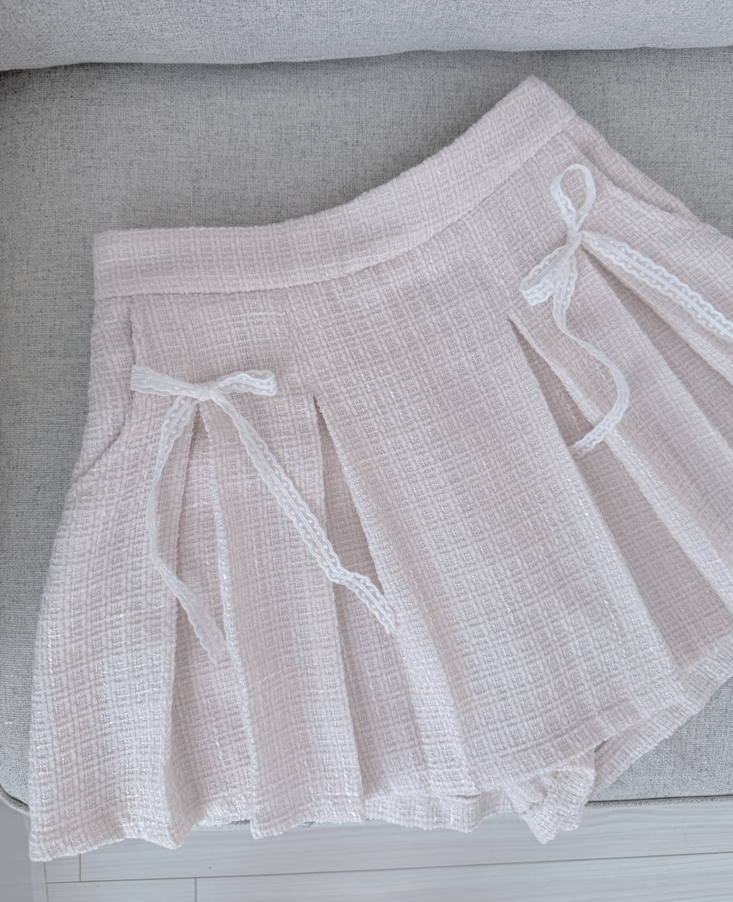 *BJ2 MADE SERIES* THE SNOW WHITE TWEED PLEATED LACE RIBBON SKIRT 260131