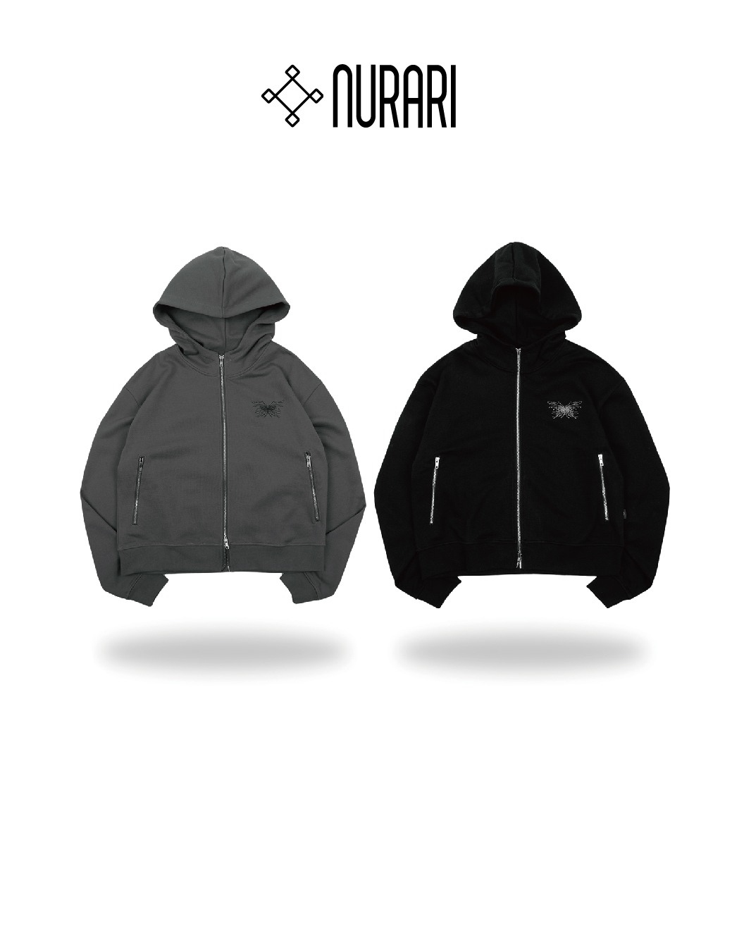 Nurari 彼岸蝶電繡連帽外套 帽夾 黑/灰 25 A/W LRB zip-up mock-neck hoodie