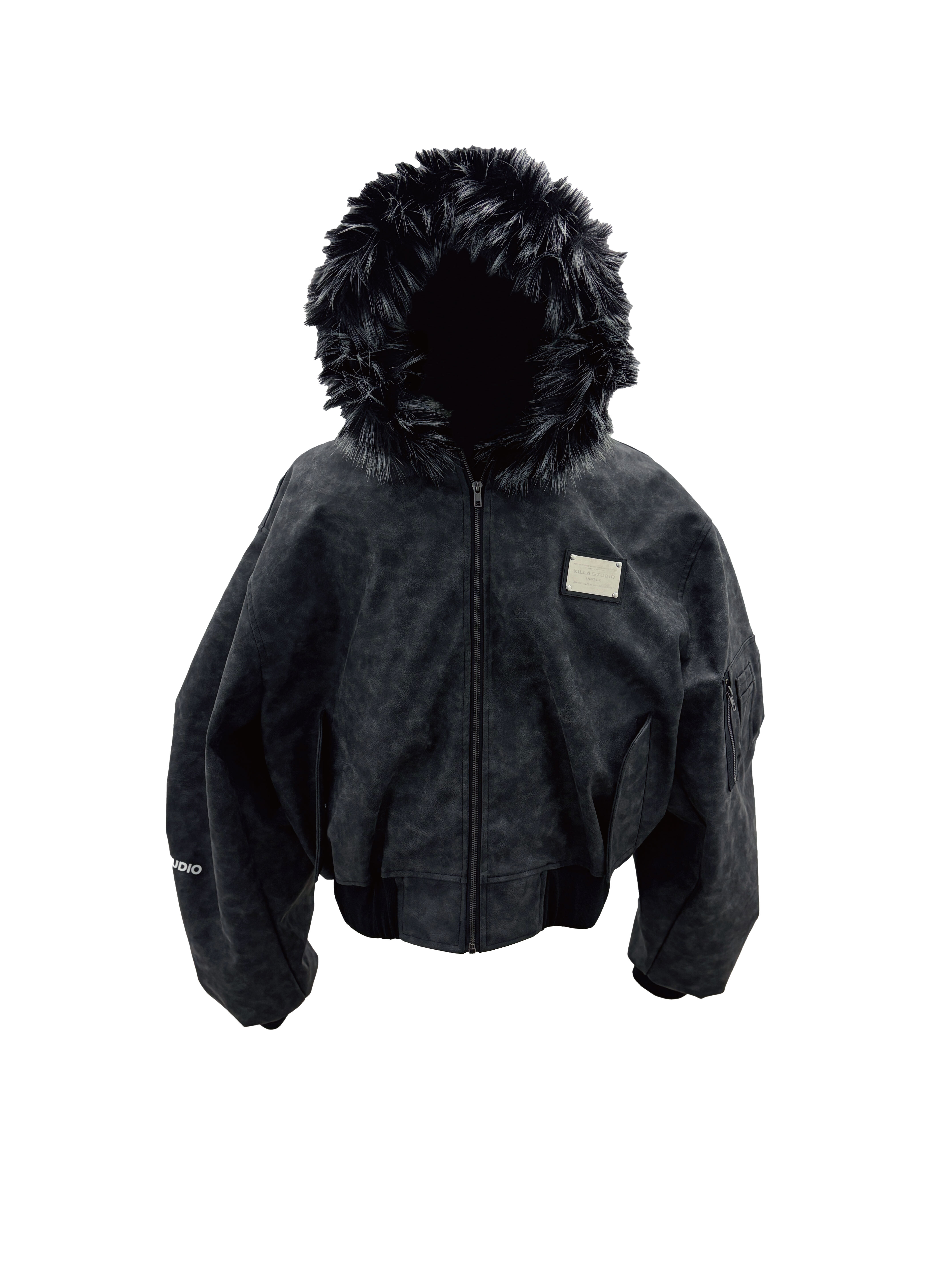 KILLASYSTEM 25F/W FAUX-FUR HOODED BOMBER JACKET 假兩件式 毛領 皮革連帽外套