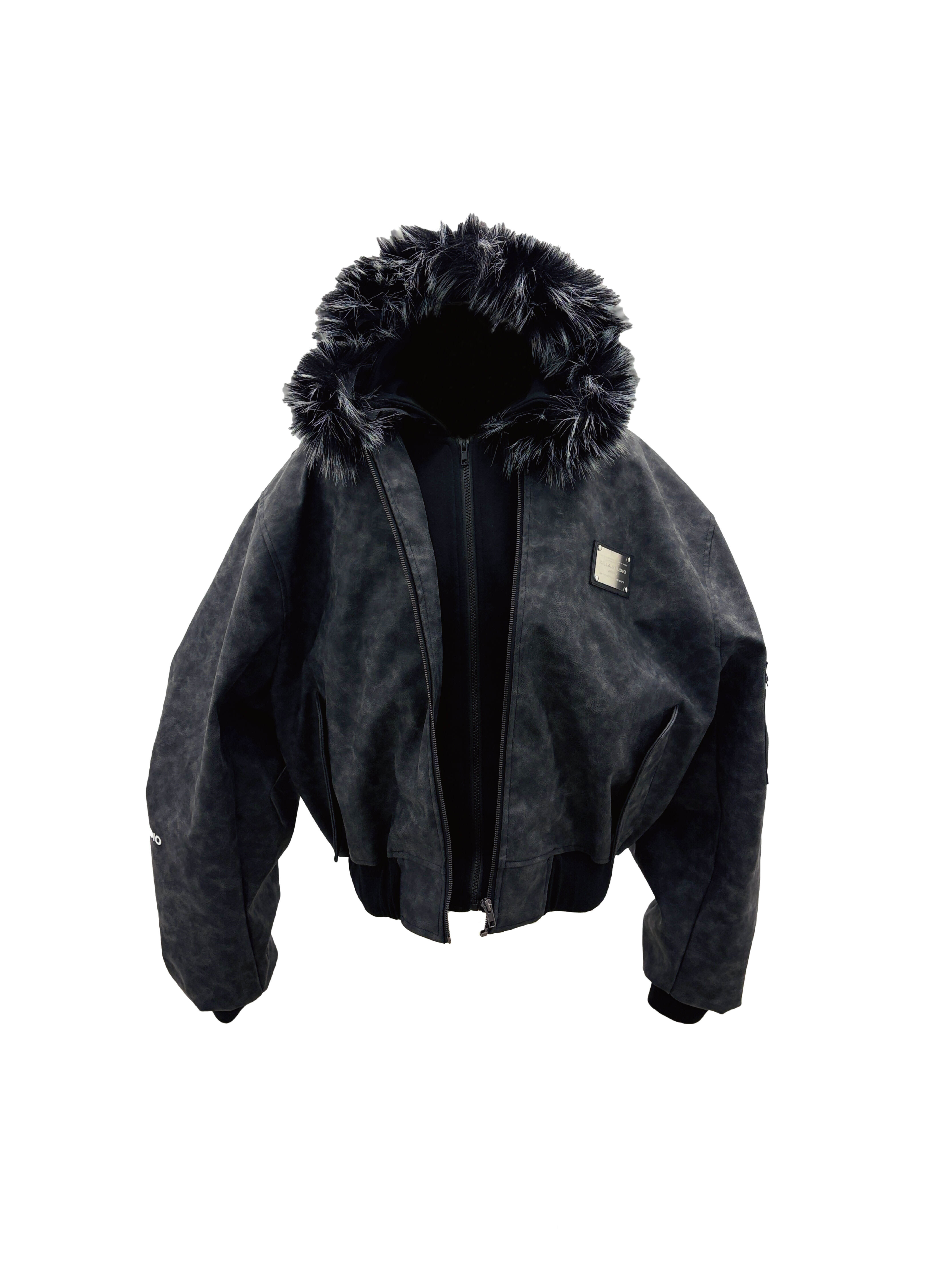 KILLASYSTEM 25F/W FAUX-FUR HOODED BOMBER JACKET 假兩件式 毛領 皮革連帽外套