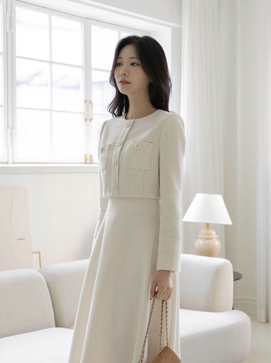 Hermosa 粗花呢假兩件A字洋裝 [ 2色 / S,M]