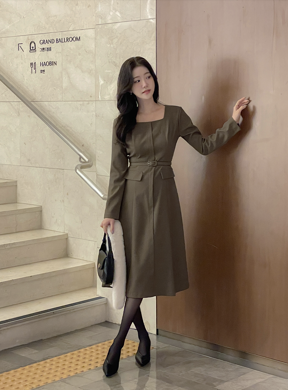 Ingrid 方領腰帶A字洋裝 [ 2色 / S,M]