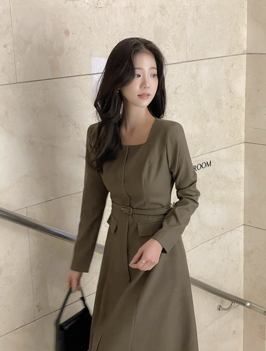 Ingrid 方領腰帶A字洋裝 [ 2色 / S,M]