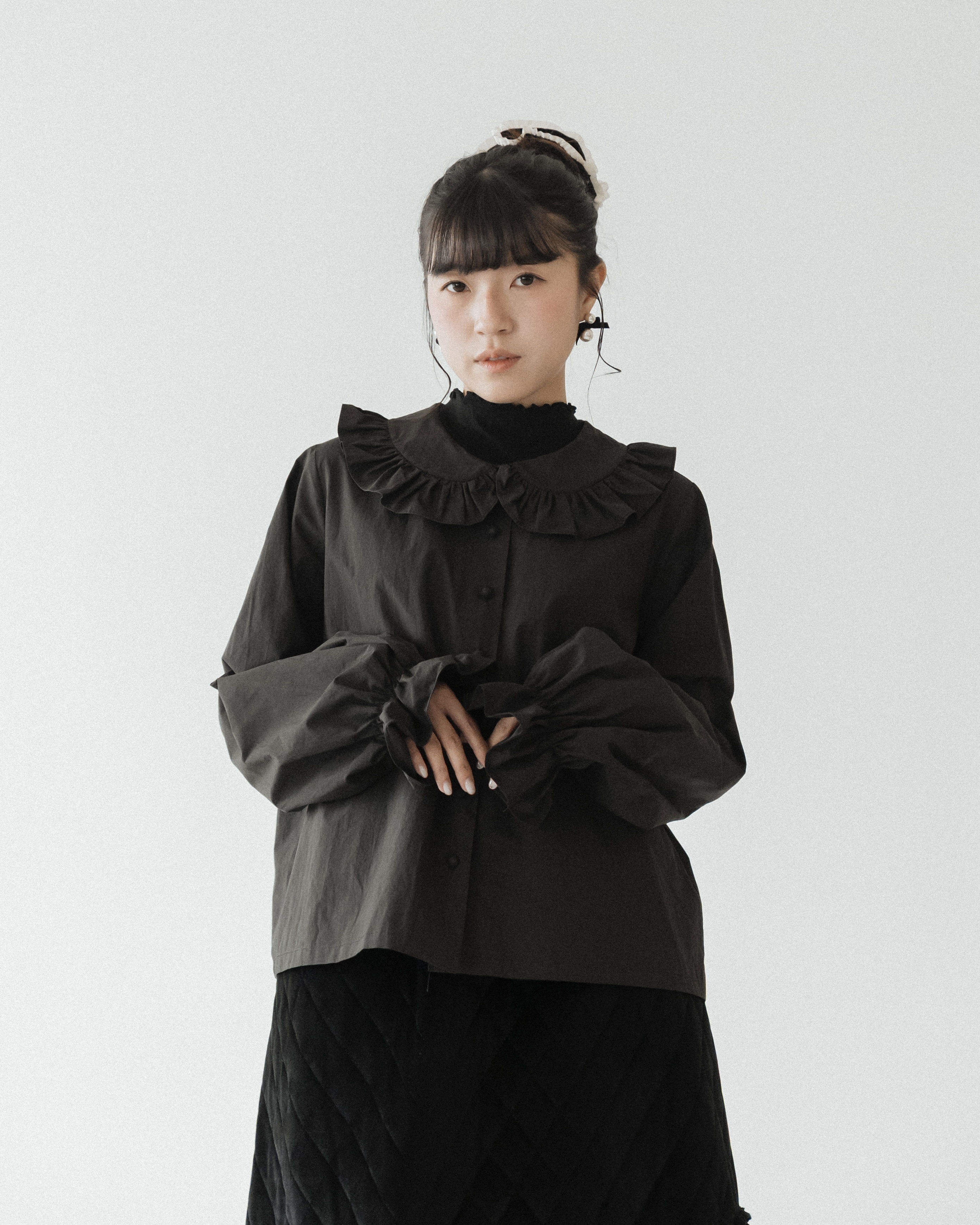 【 Kiki.co Made 】Ruffle Peter Pan Collar Blouse - Black