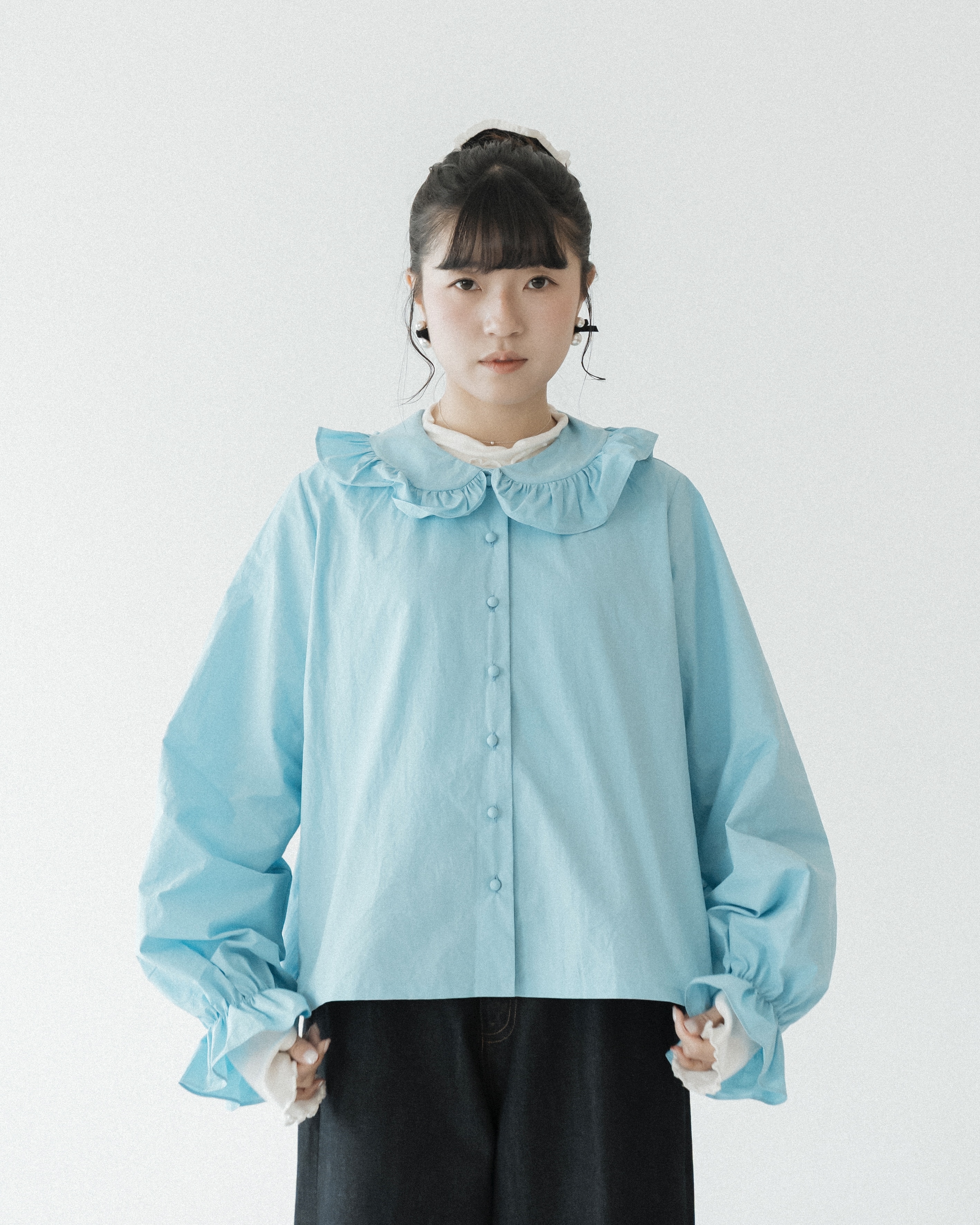 【 Kiki.co Made 】Ruffle Peter Pan Collar Blouse - Light Blue