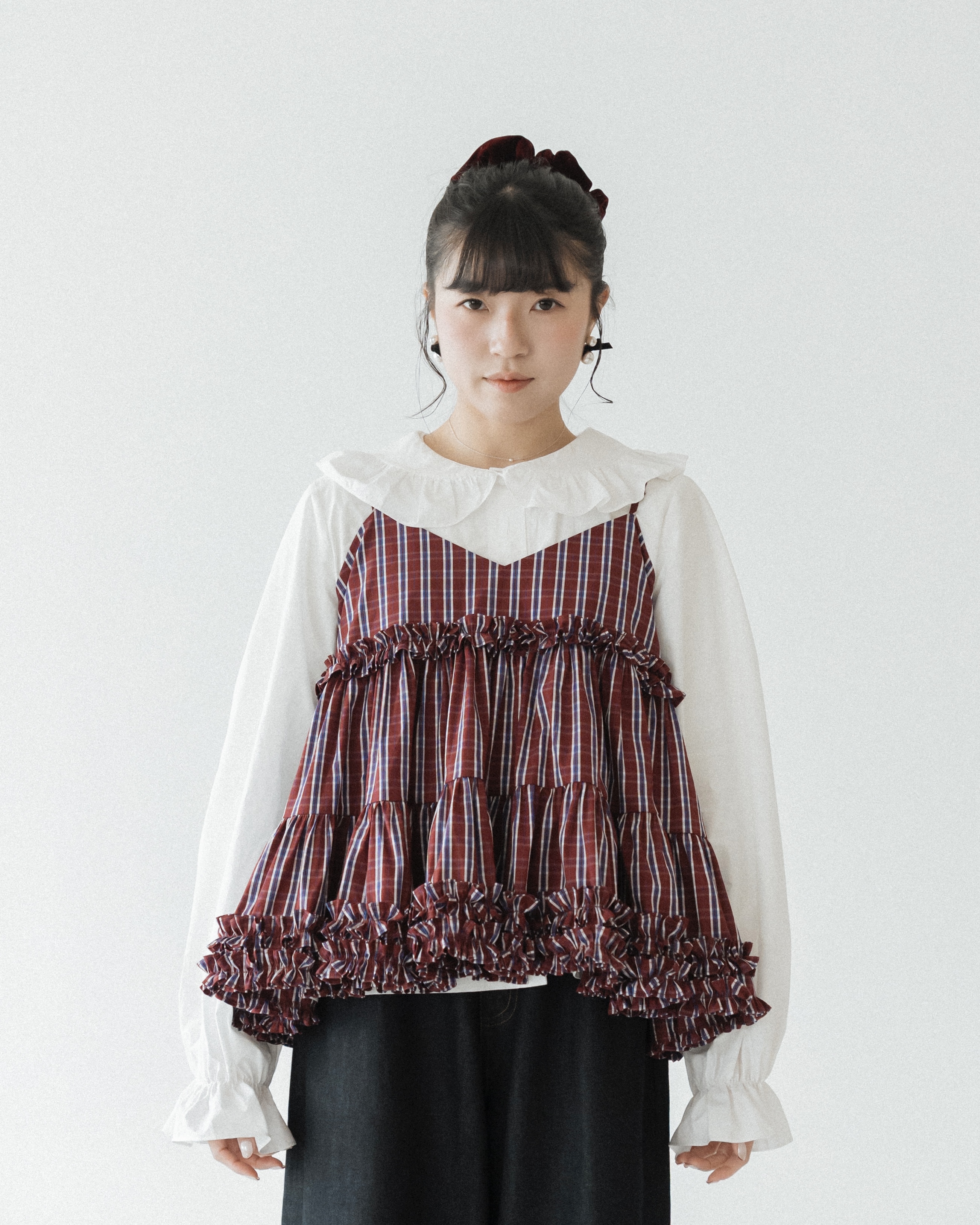【 Kiki.co Made 】Ruffle plaid camisole layered - Red